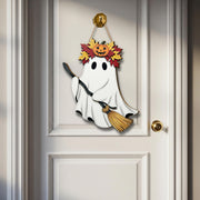 Cute Ghost Door Hanger – Halloween Ghost with Broom Sign, Fall Ghost Wall Decor, Pumpkin Leaf Crown Ornament, Spooky Porch Accent
