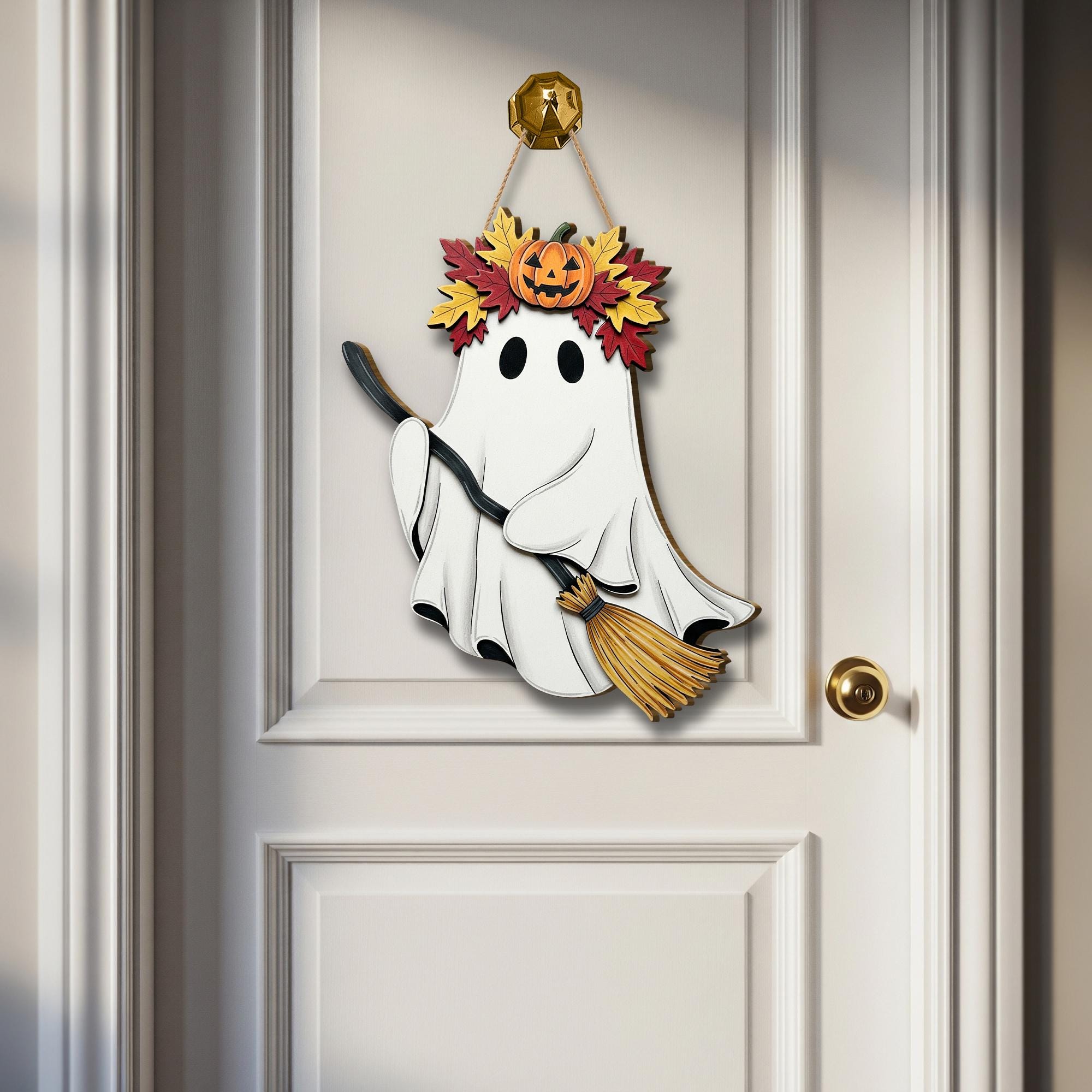 Cute Ghost Door Hanger – Halloween Ghost with Broom Sign, Fall Ghost Wall Decor, Pumpkin Leaf Crown Ornament, Spooky Porch Accent