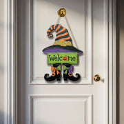 Witch Hat Welcome Door Hanger – Halloween Witch Boots Sign, Cute Fall Porch Decor, Spooky Home Entry Wall Art, Witchy Door Ornament