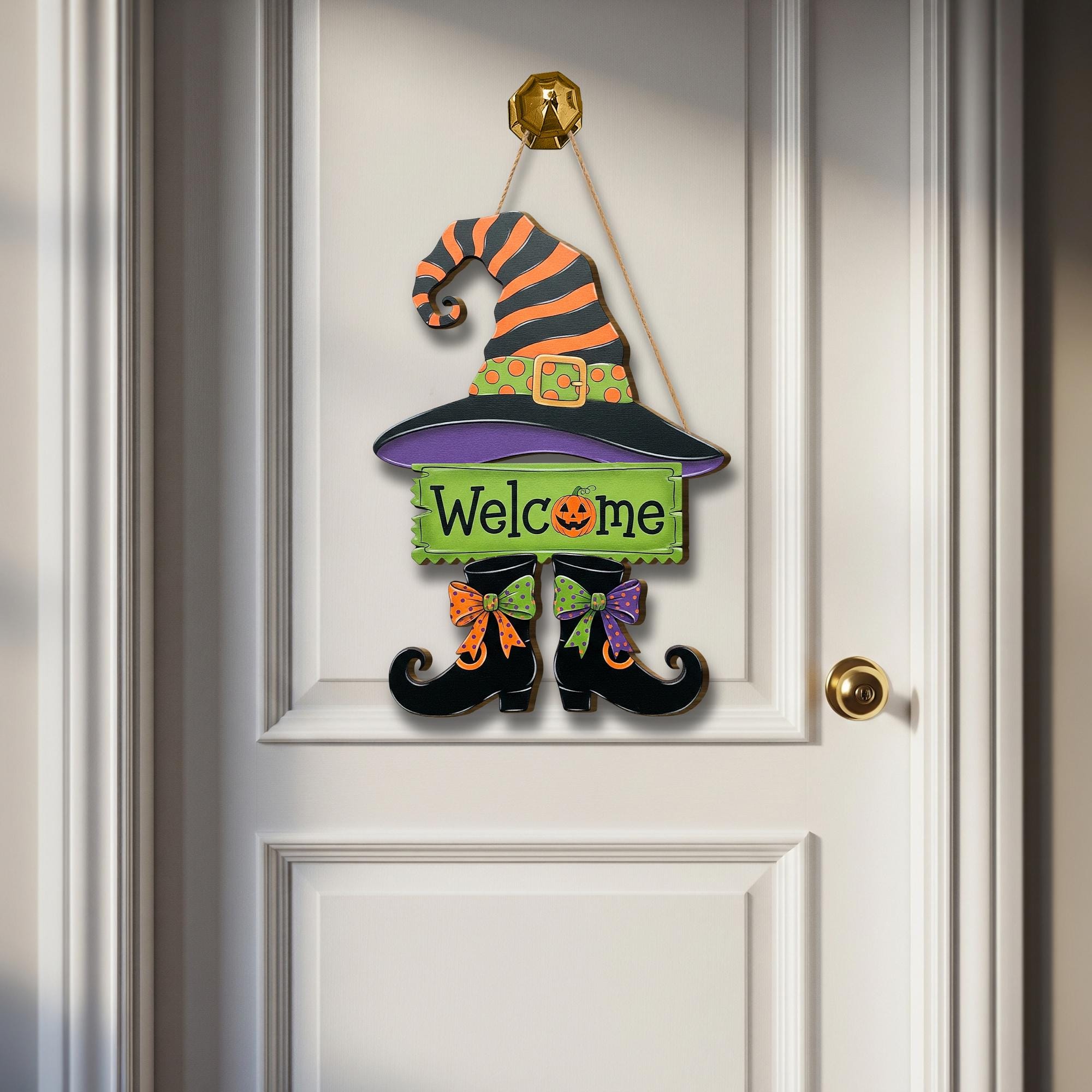 Witch Hat Welcome Door Hanger – Halloween Witch Boots Sign, Cute Fall Porch Decor, Spooky Home Entry Wall Art, Witchy Door Ornament
