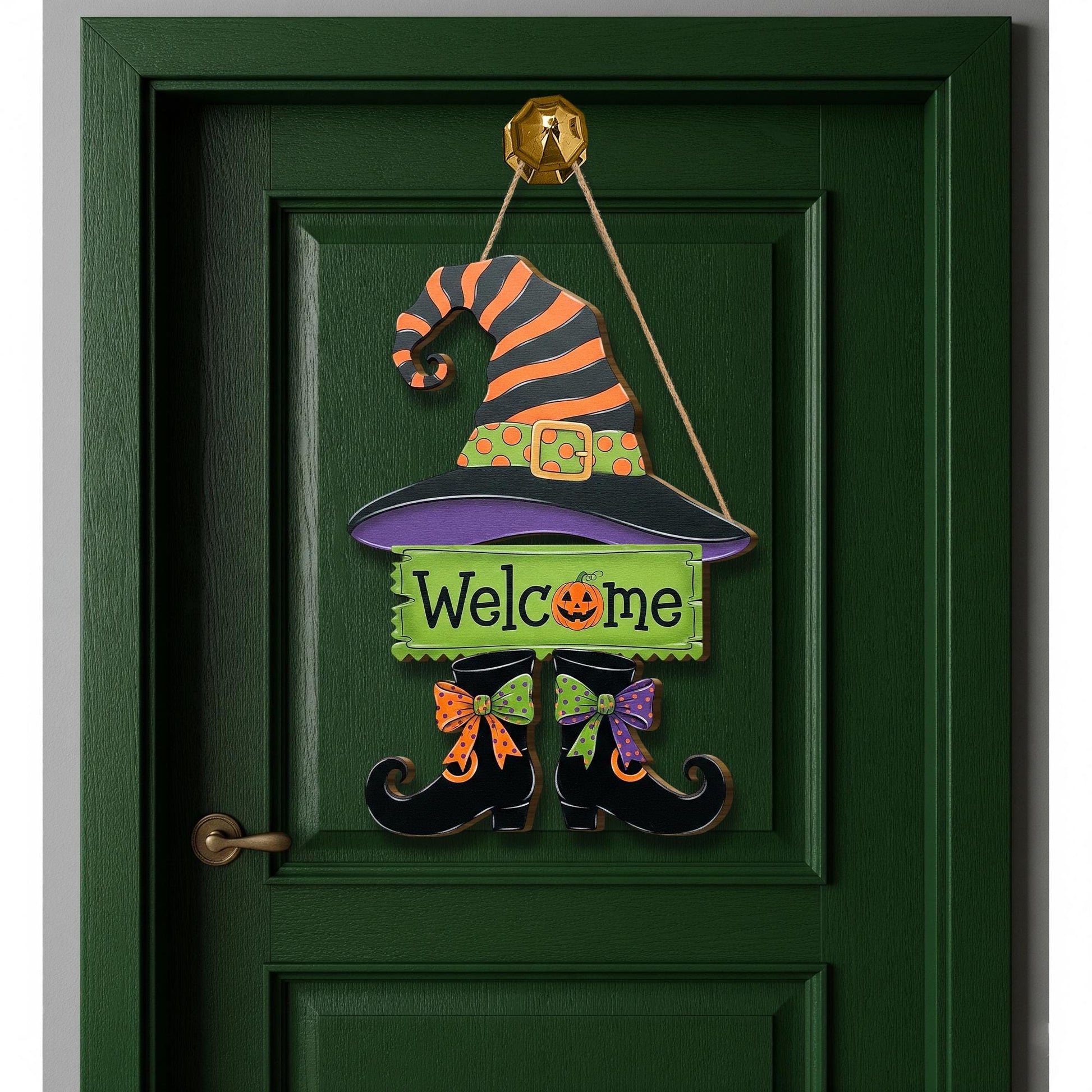 Witch Hat Welcome Door Hanger – Halloween Witch Boots Sign, Cute Fall Porch Decor, Spooky Home Entry Wall Art, Witchy Door Ornament