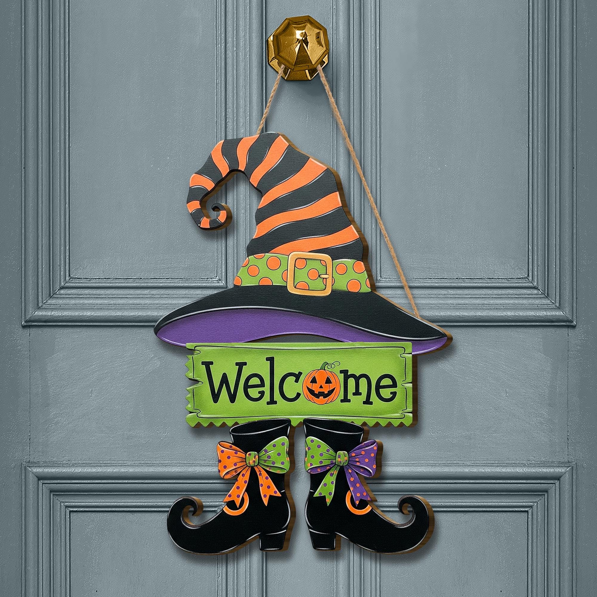 Witch Hat Welcome Door Hanger – Halloween Witch Boots Sign, Cute Fall Porch Decor, Spooky Home Entry Wall Art, Witchy Door Ornament