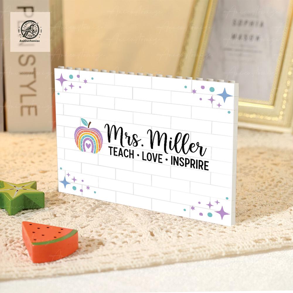 Custom Teacher Name Building Brick Sign – Floral Classroom Decor with “Helping Little Minds Grow” Quote – Personalized Gift for Teachers