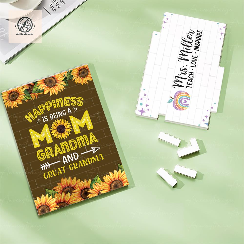 Custom Teacher Name Building Brick Sign – Floral Classroom Decor with “Helping Little Minds Grow” Quote – Personalized Gift for Teachers
