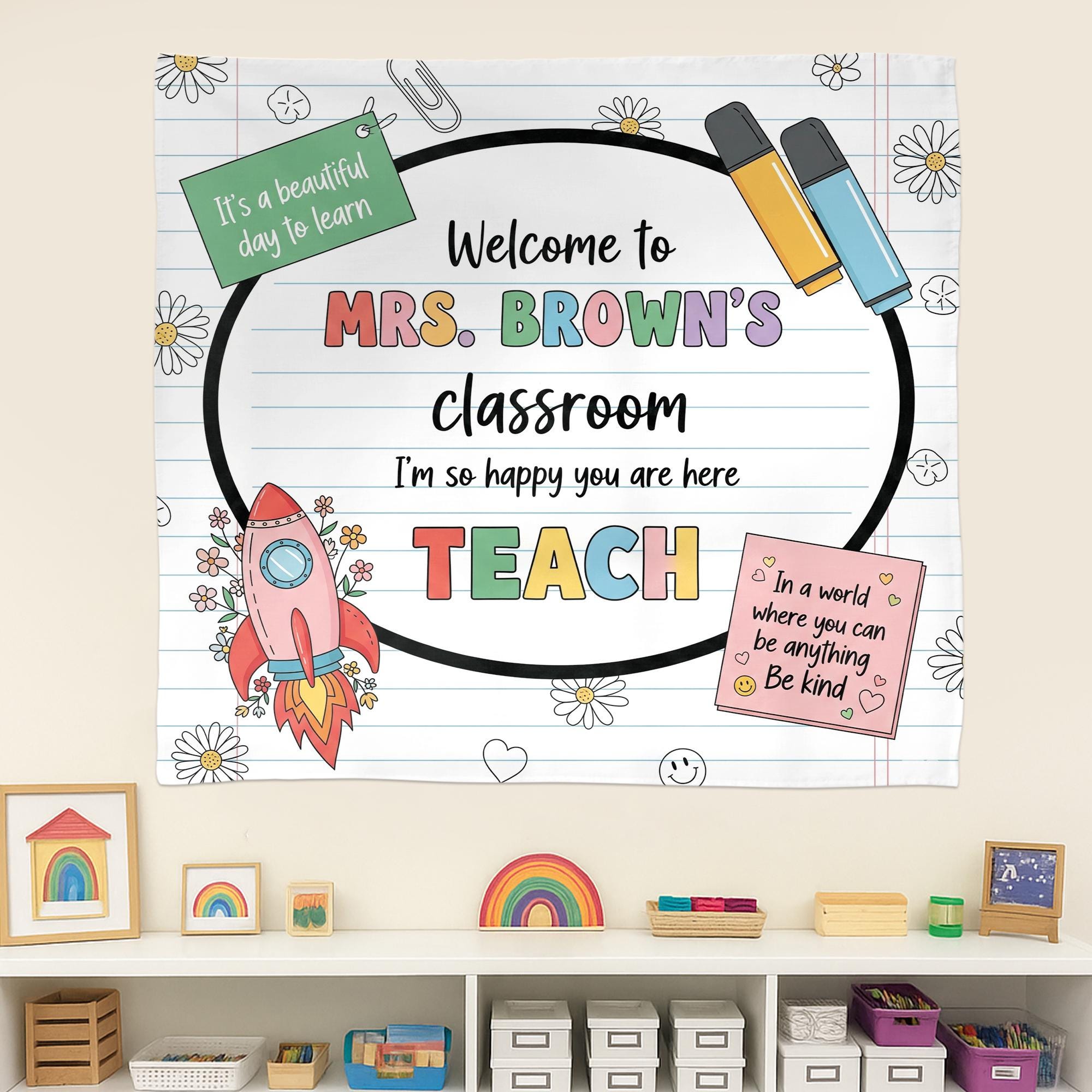 Personalized Classroom Tapestry, Teacher Welcome Sign, Cute Back to School Wall Decor, Custom Teacher Banner, Classroom Wall Art