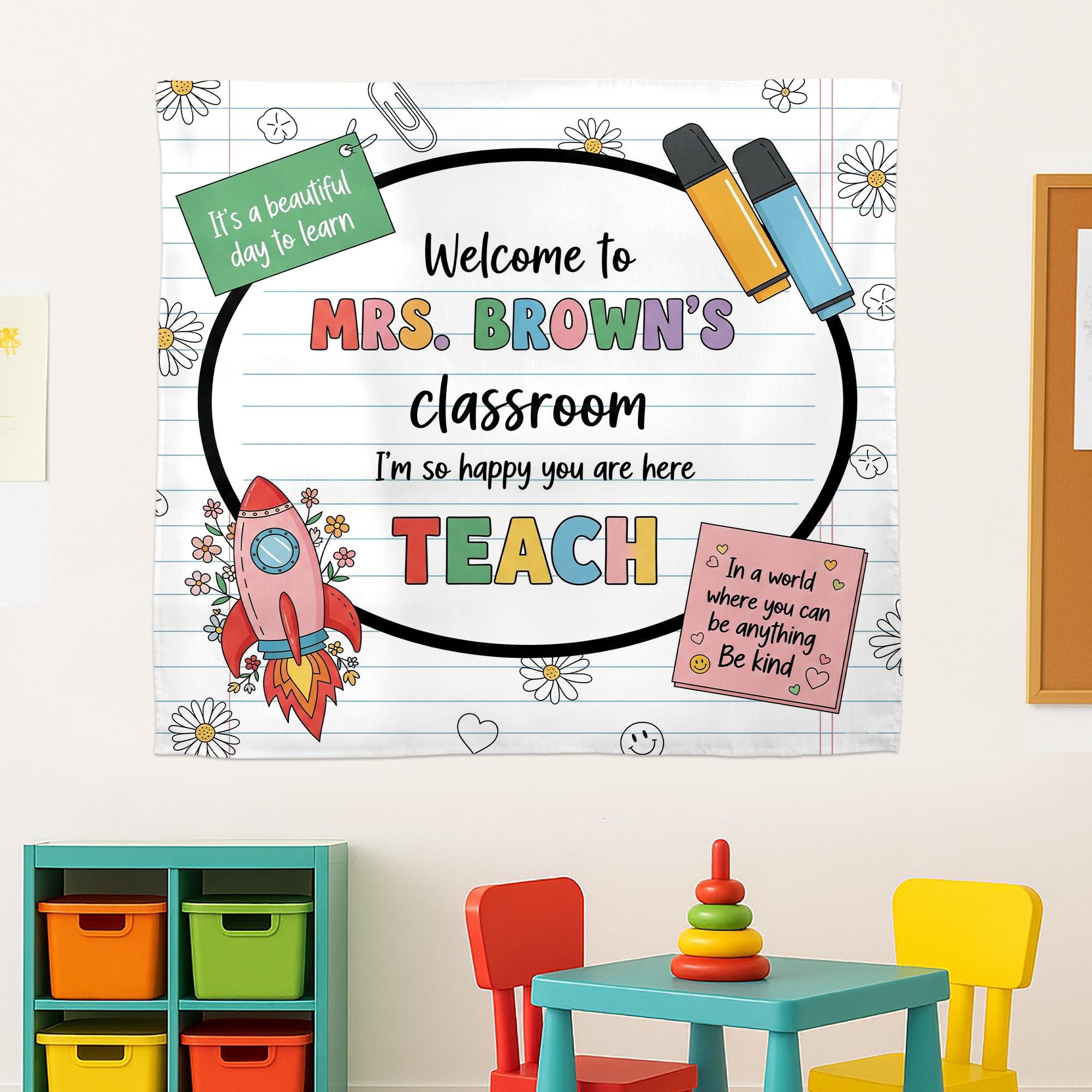 Personalized Classroom Tapestry, Teacher Welcome Sign, Cute Back to School Wall Decor, Custom Teacher Banner, Classroom Wall Art
