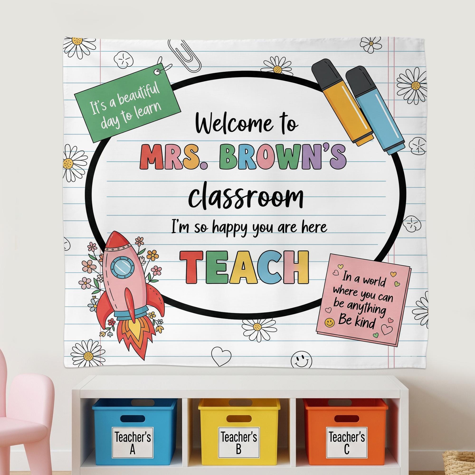 Personalized Classroom Tapestry, Teacher Welcome Sign, Cute Back to School Wall Decor, Custom Teacher Banner, Classroom Wall Art