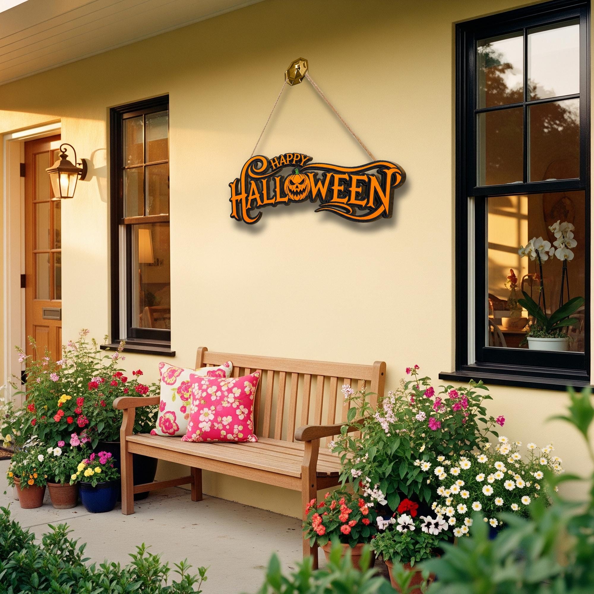 Happy Halloween Door Sign – Pumpkin Wall Hanger, Spooky Porch Decor, Orange Black Fall Sign, Halloween Party Welcome Ornament