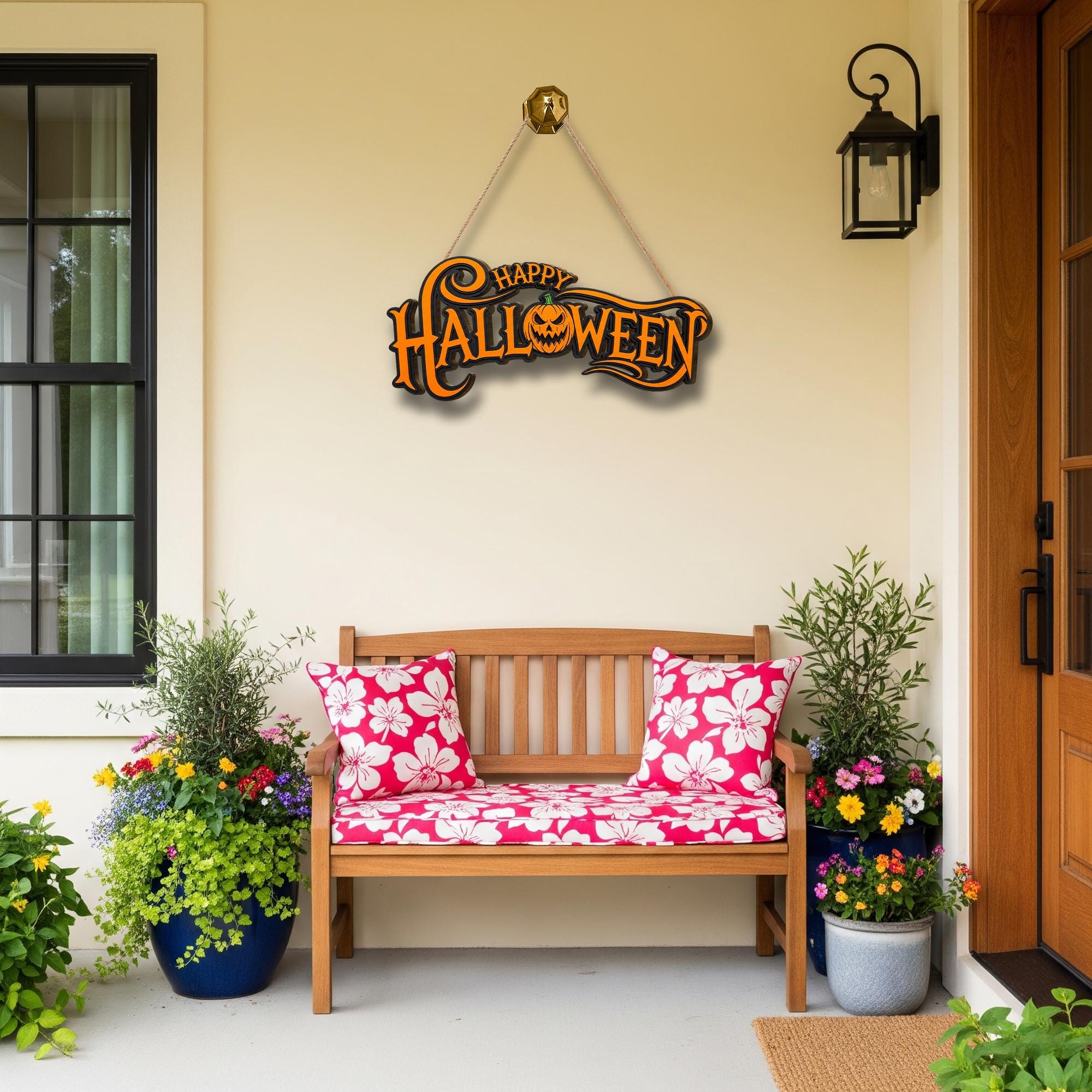 Happy Halloween Door Sign – Pumpkin Wall Hanger, Spooky Porch Decor, Orange Black Fall Sign, Halloween Party Welcome Ornament