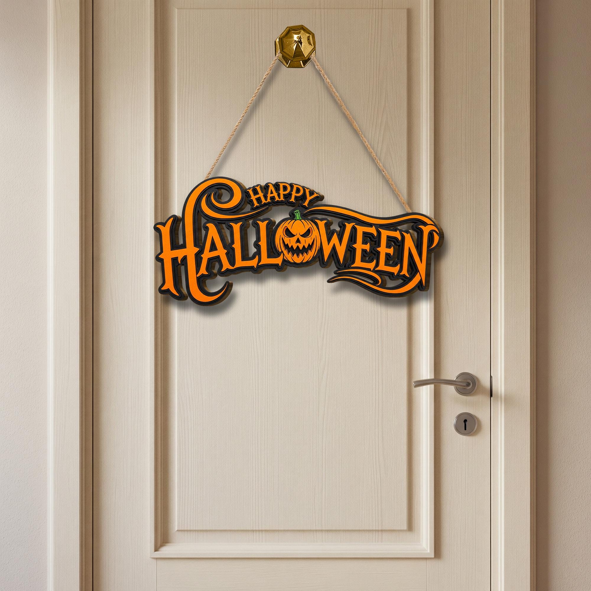 Happy Halloween Door Sign – Pumpkin Wall Hanger, Spooky Porch Decor, Orange Black Fall Sign, Halloween Party Welcome Ornament