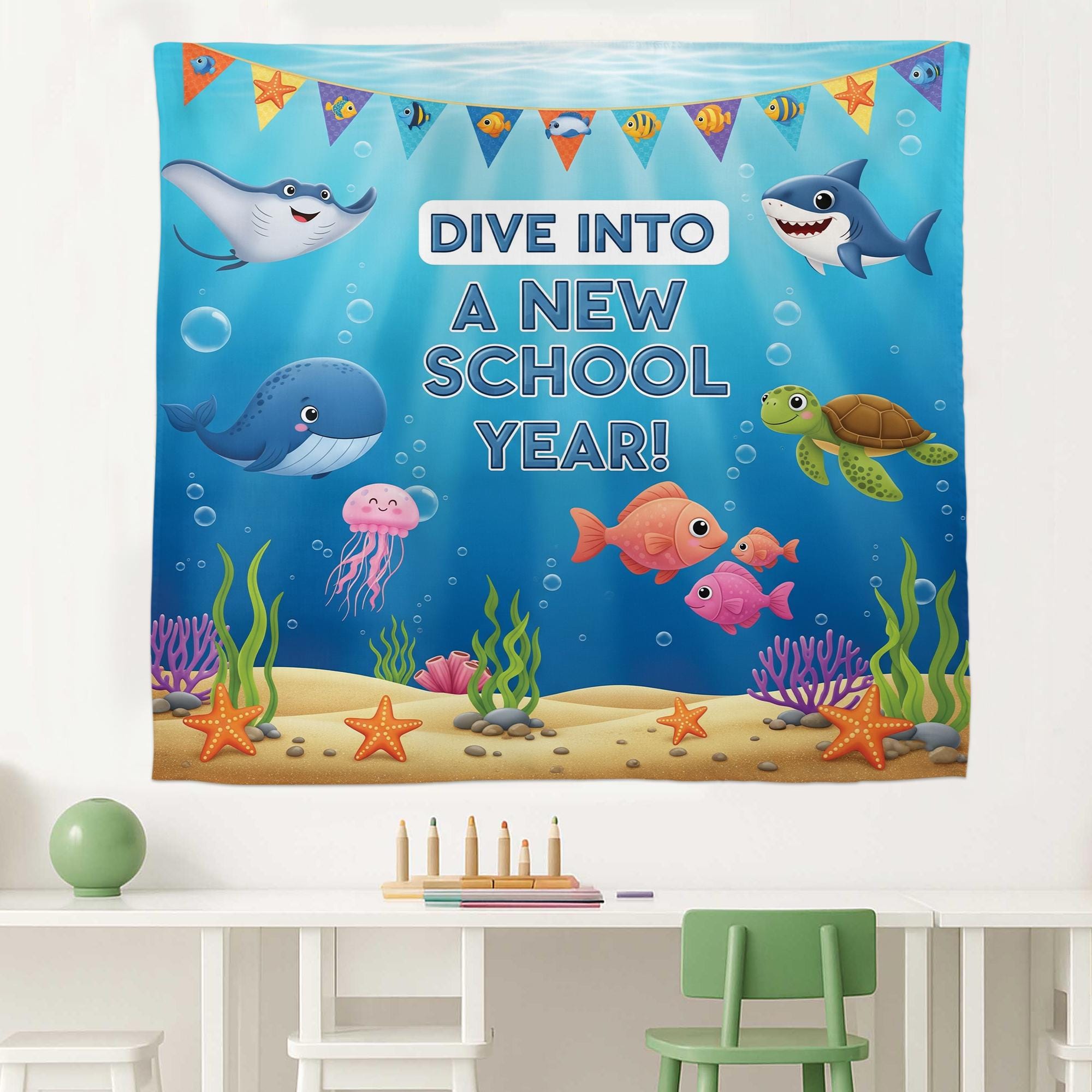 Ocean Theme Classroom Tapestry, Dive Into New School Year Banner, Under the Sea Teacher Decor, Back to School Wall Art