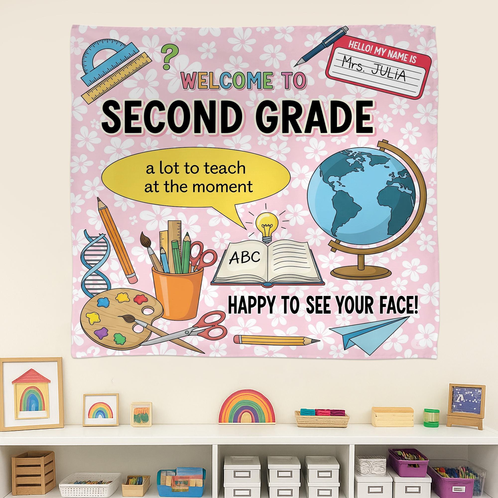 Welcome Back Teacher Tapestry, Grade Classroom Banner, Cute School Wall Decor, Personalized Grade Sign, Back to School Art
