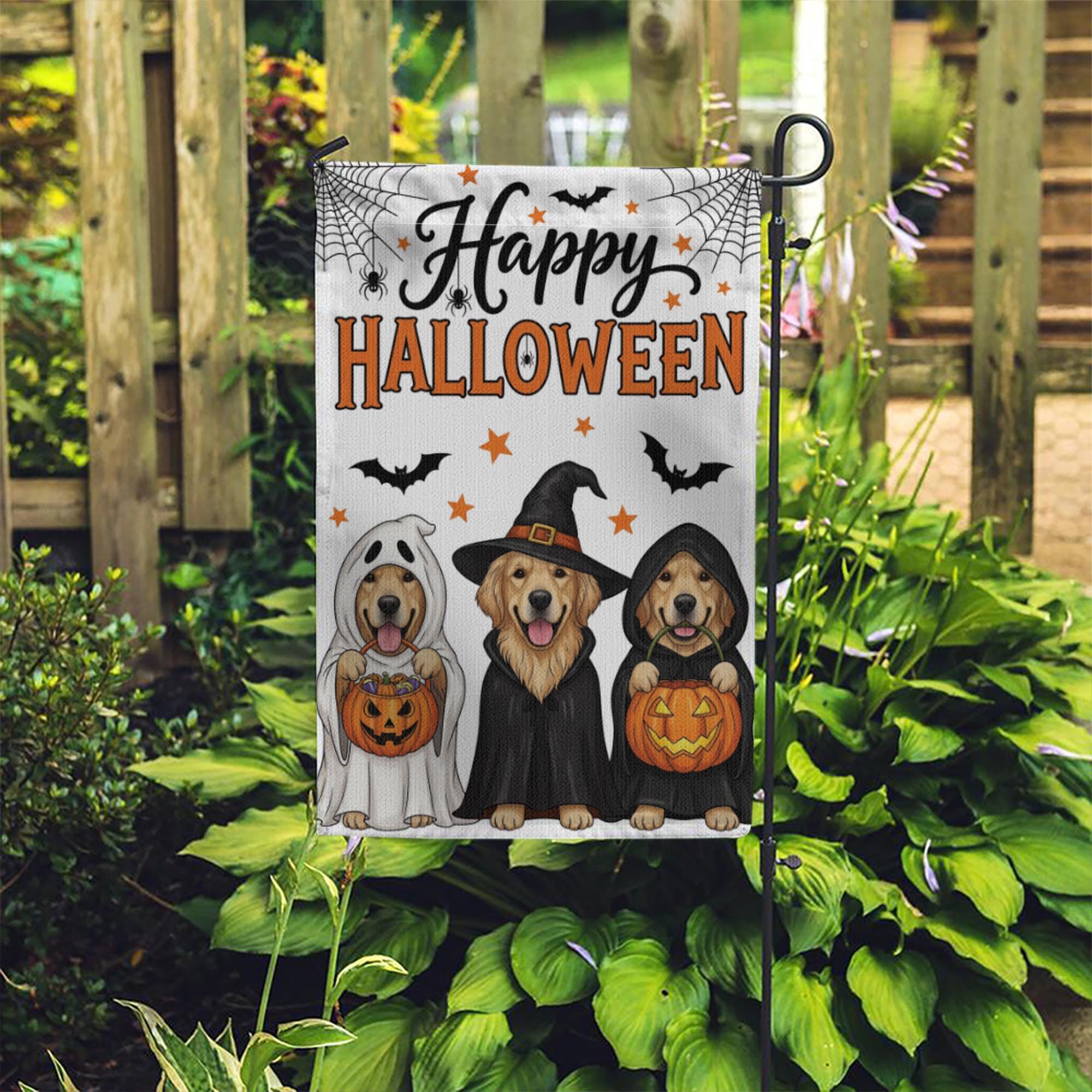 Halloween Dog Garden Flag , Golden Retriever Fall Yard Decor, Cute Dog Witch Ghost Banner, Trick or Treat Outdoor Decoration