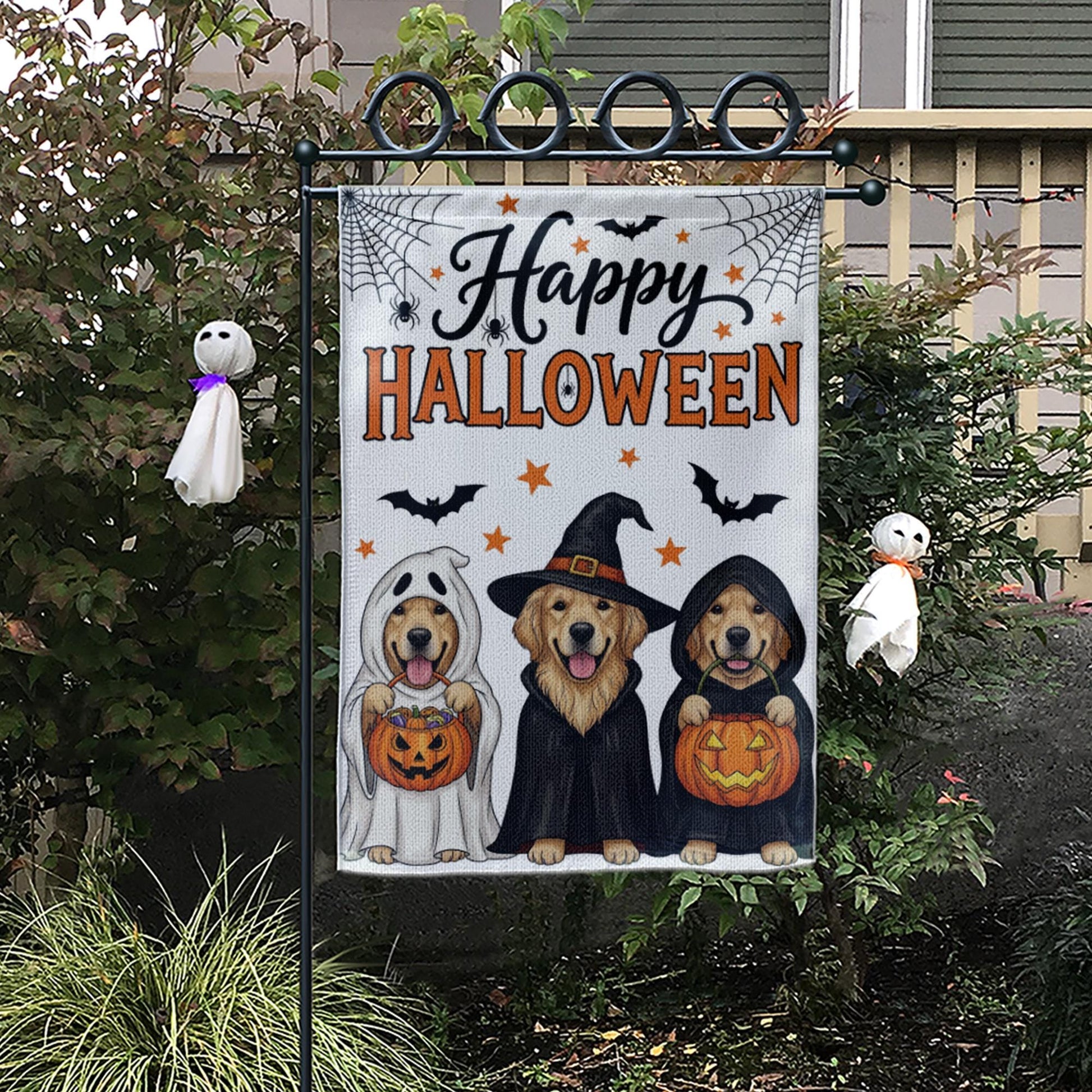 Halloween Dog Garden Flag , Golden Retriever Fall Yard Decor, Cute Dog Witch Ghost Banner, Trick or Treat Outdoor Decoration