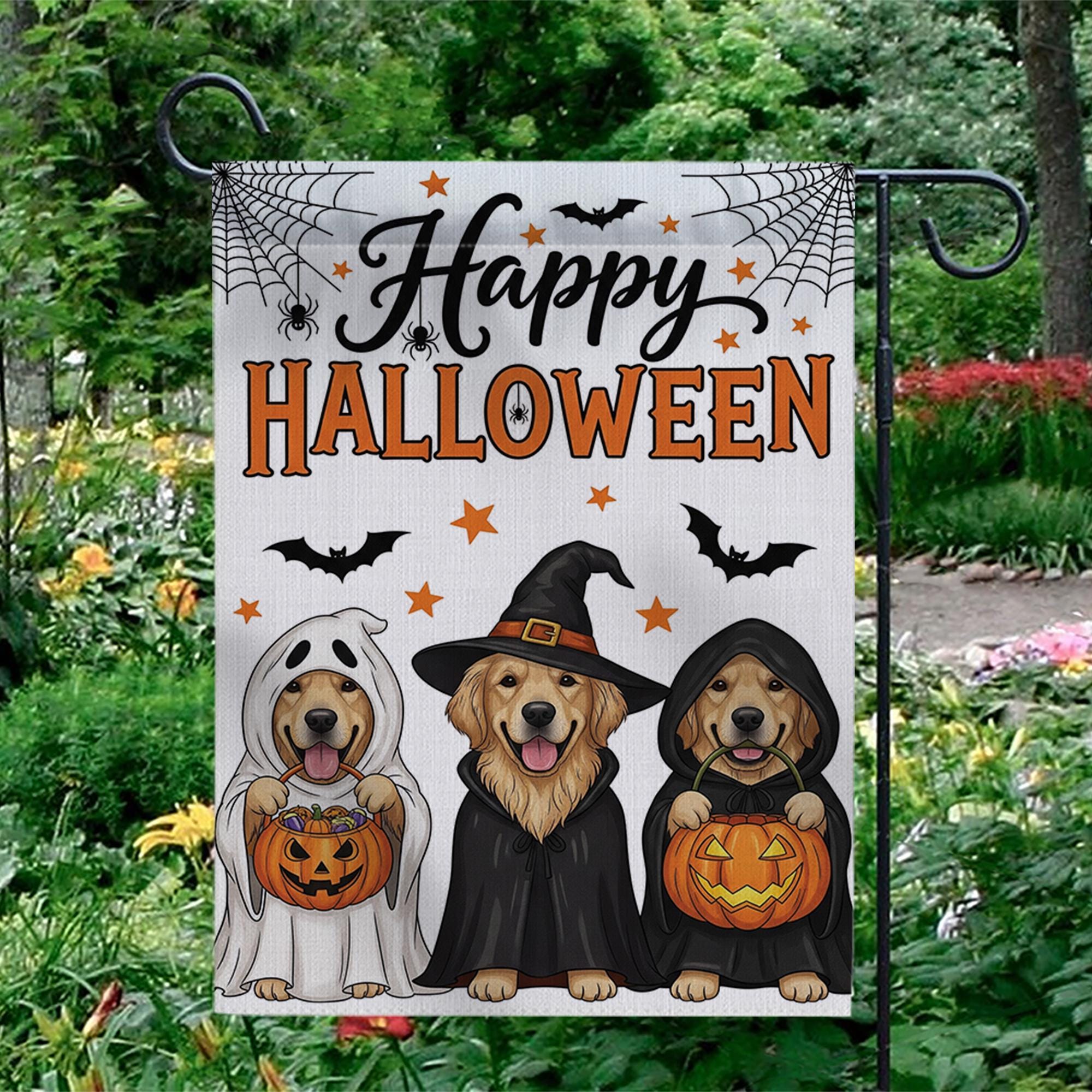 Halloween Dog Garden Flag , Golden Retriever Fall Yard Decor, Cute Dog Witch Ghost Banner, Trick or Treat Outdoor Decoration