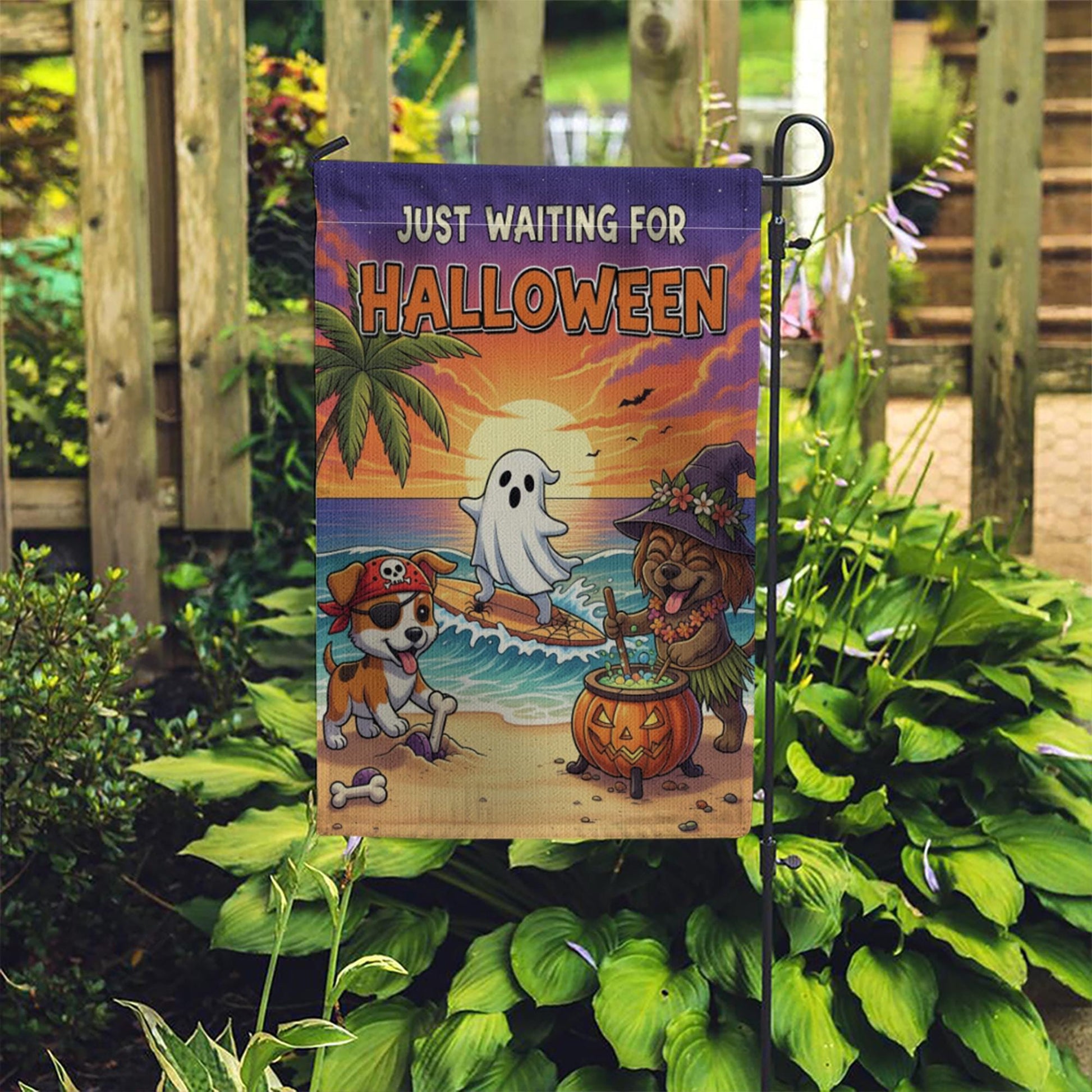 Beach Halloween Dog Garden Flag – Funny Coastal Trick or Treat Yard Decor, Tropical Ghost Pirate Witch Puppy Banner