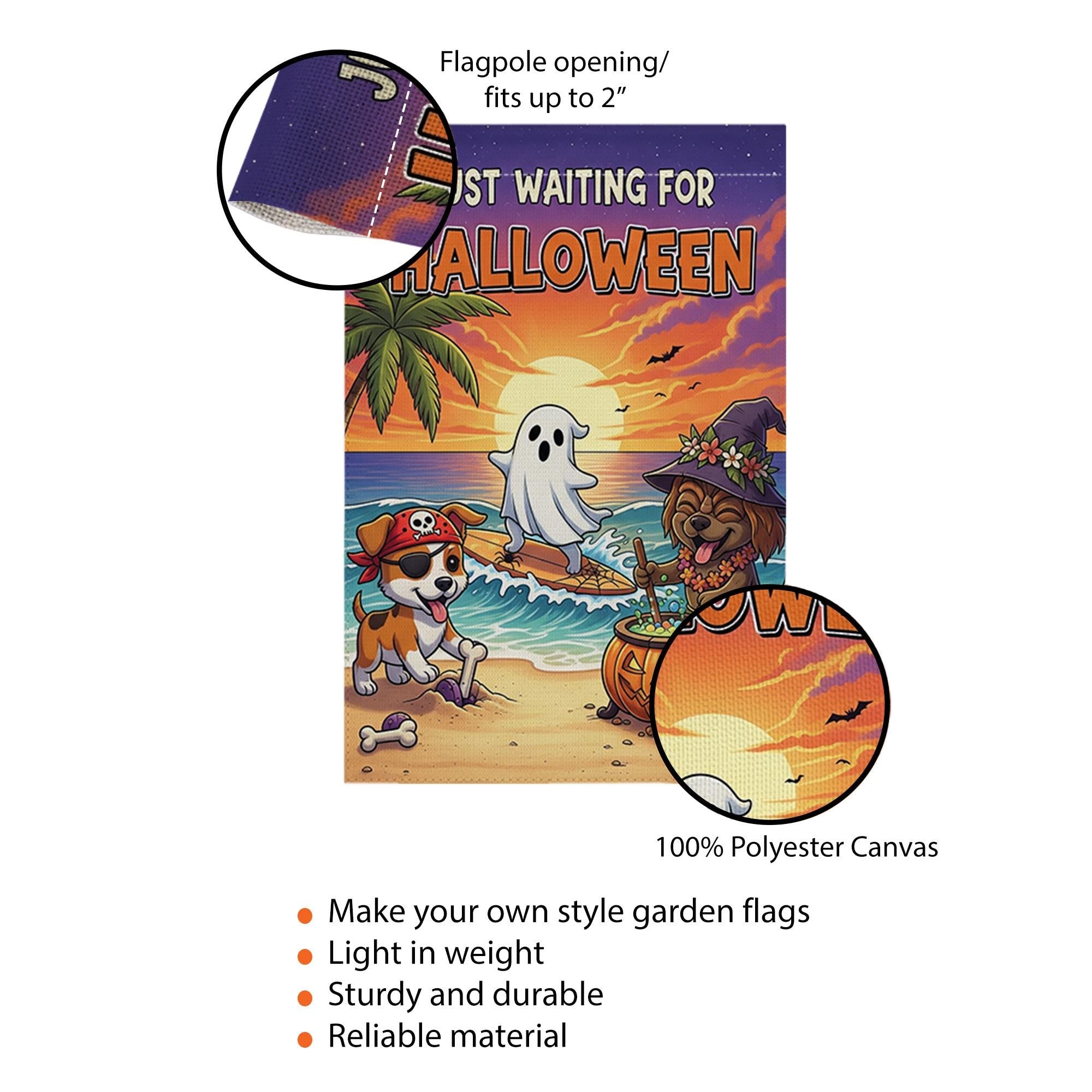 Beach Halloween Dog Garden Flag – Funny Coastal Trick or Treat Yard Decor, Tropical Ghost Pirate Witch Puppy Banner
