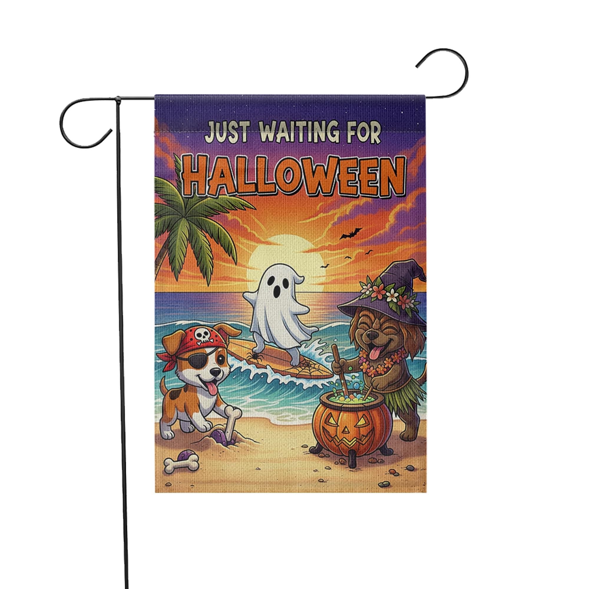 Beach Halloween Dog Garden Flag – Funny Coastal Trick or Treat Yard Decor, Tropical Ghost Pirate Witch Puppy Banner