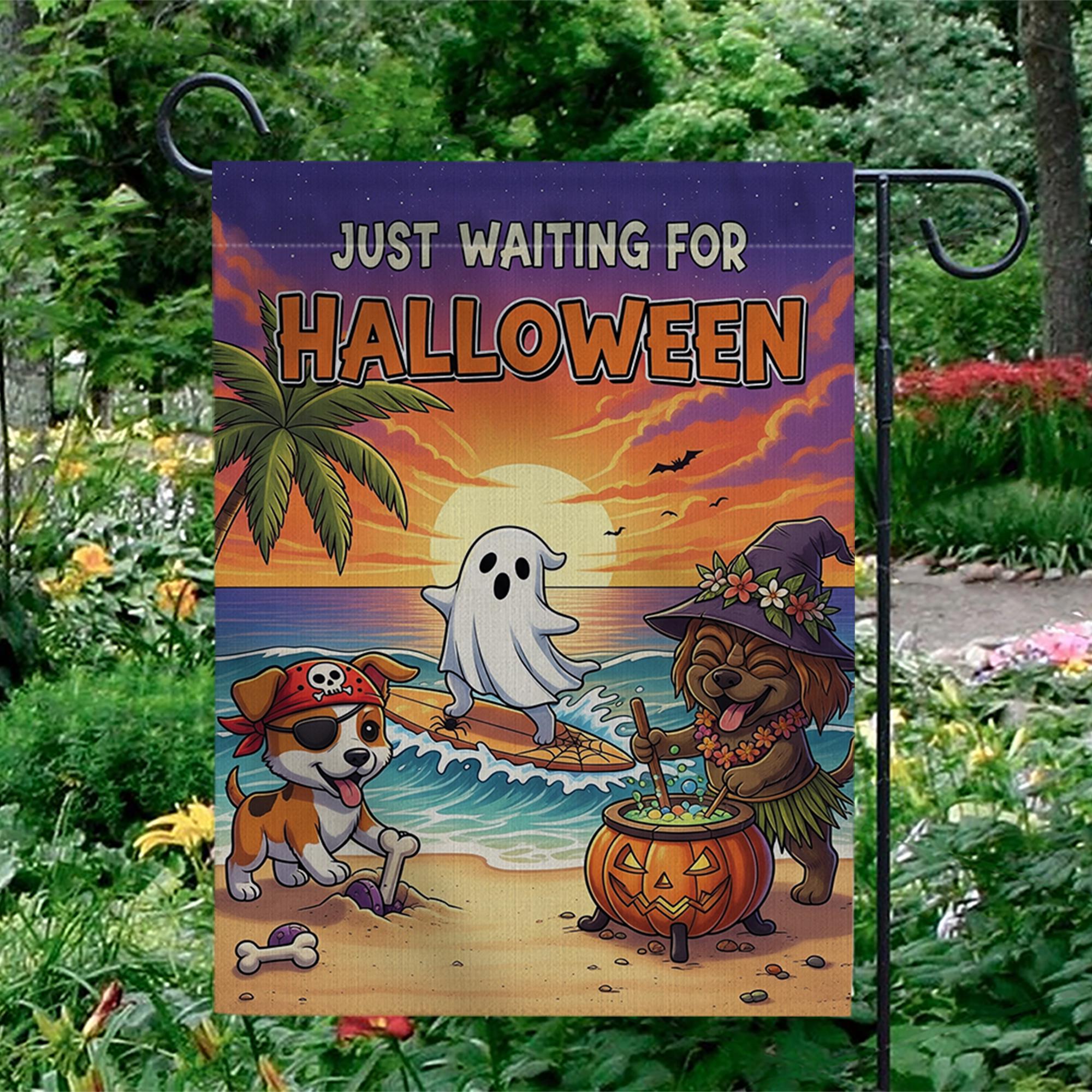 Beach Halloween Dog Garden Flag – Funny Coastal Trick or Treat Yard Decor, Tropical Ghost Pirate Witch Puppy Banner
