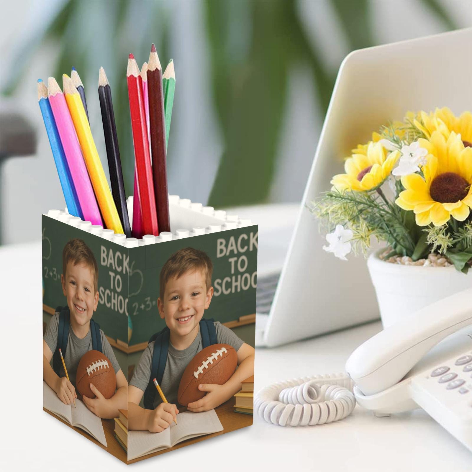 Custom Photo Football Pencil Holder, Kid First Day of School Keepsake, Brick Pen Organizer, Personalized Desk Gift for Football Lovers