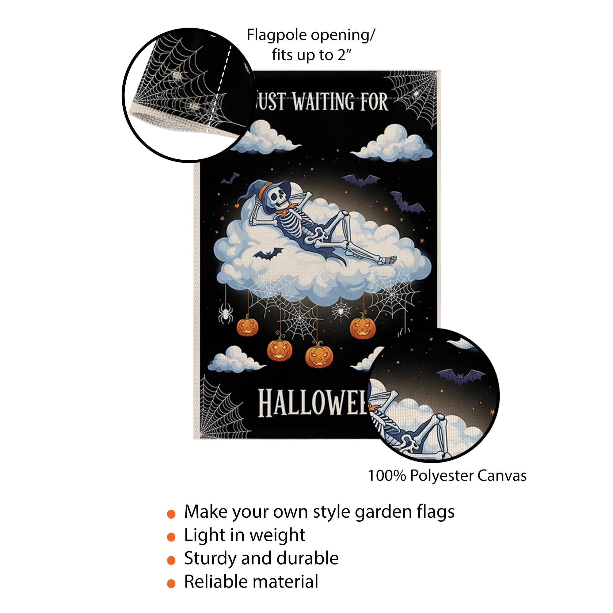 Just Waiting for Halloween Flag – Cute Skeleton Cloud Garden Sign, Spooky Pumpkin Spider Web Fall Outdoor Decor