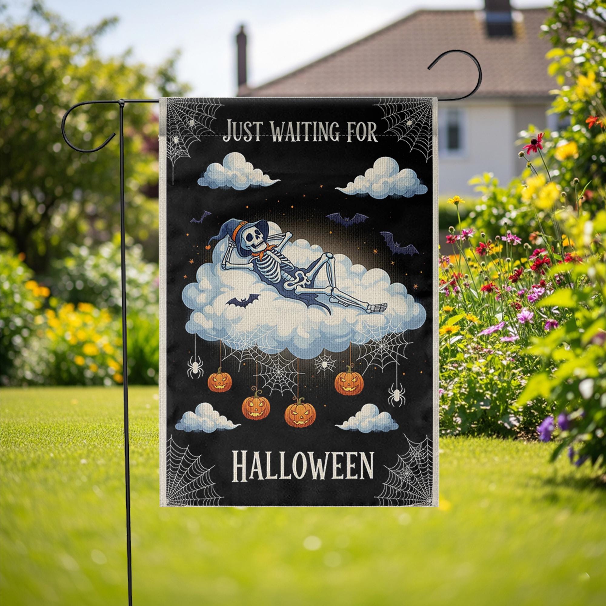 Just Waiting for Halloween Flag – Cute Skeleton Cloud Garden Sign, Spooky Pumpkin Spider Web Fall Outdoor Decor