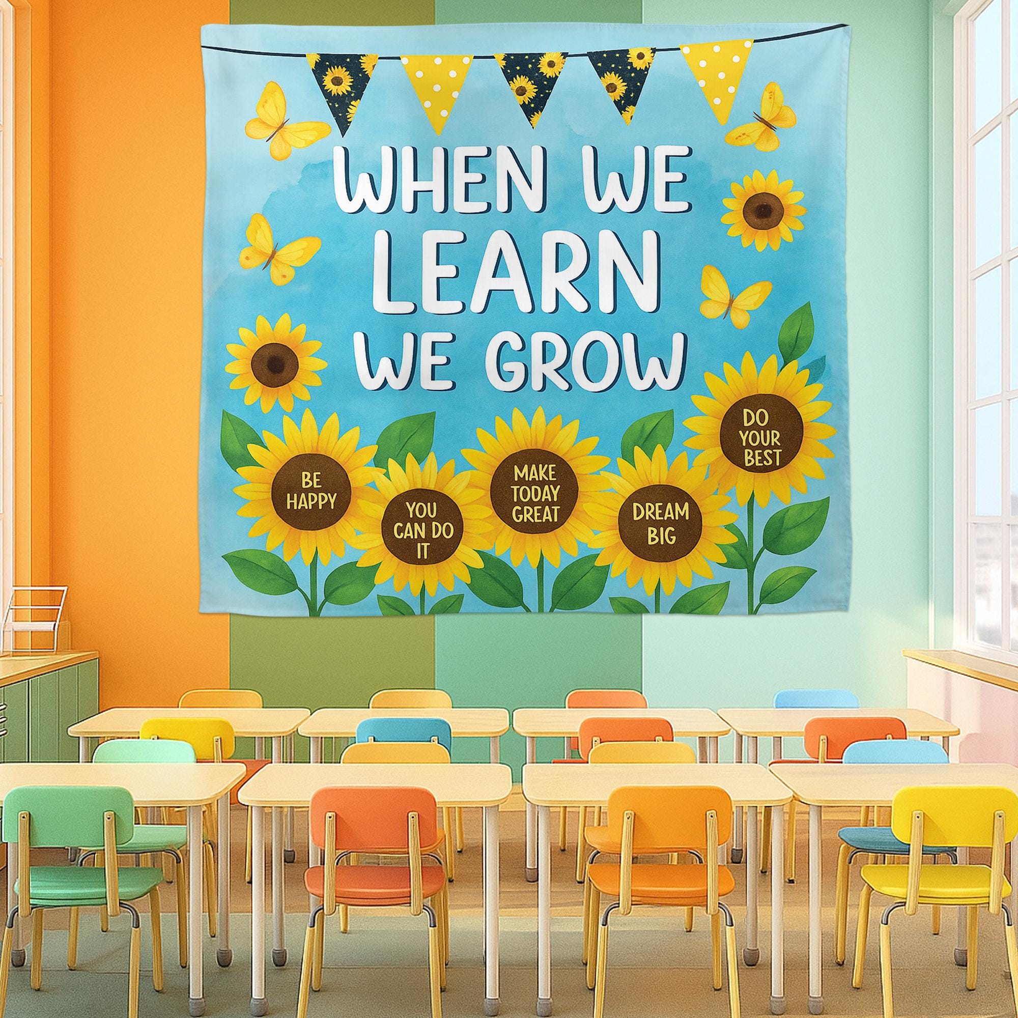 Sunflower Classroom Wall Tapestry – When We Learn We Grow Banner with Positive Quotes – Motivational Teacher Decor for Back To School, Class