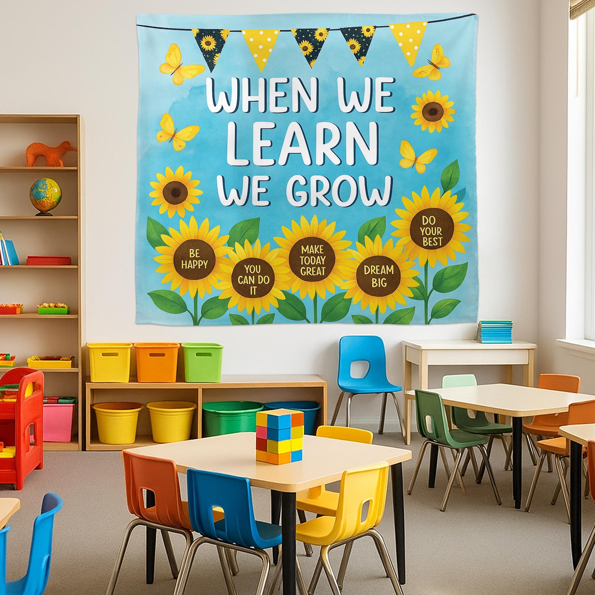 Sunflower Classroom Wall Tapestry – When We Learn We Grow Banner with Positive Quotes – Motivational Teacher Decor for Back To School, Class
