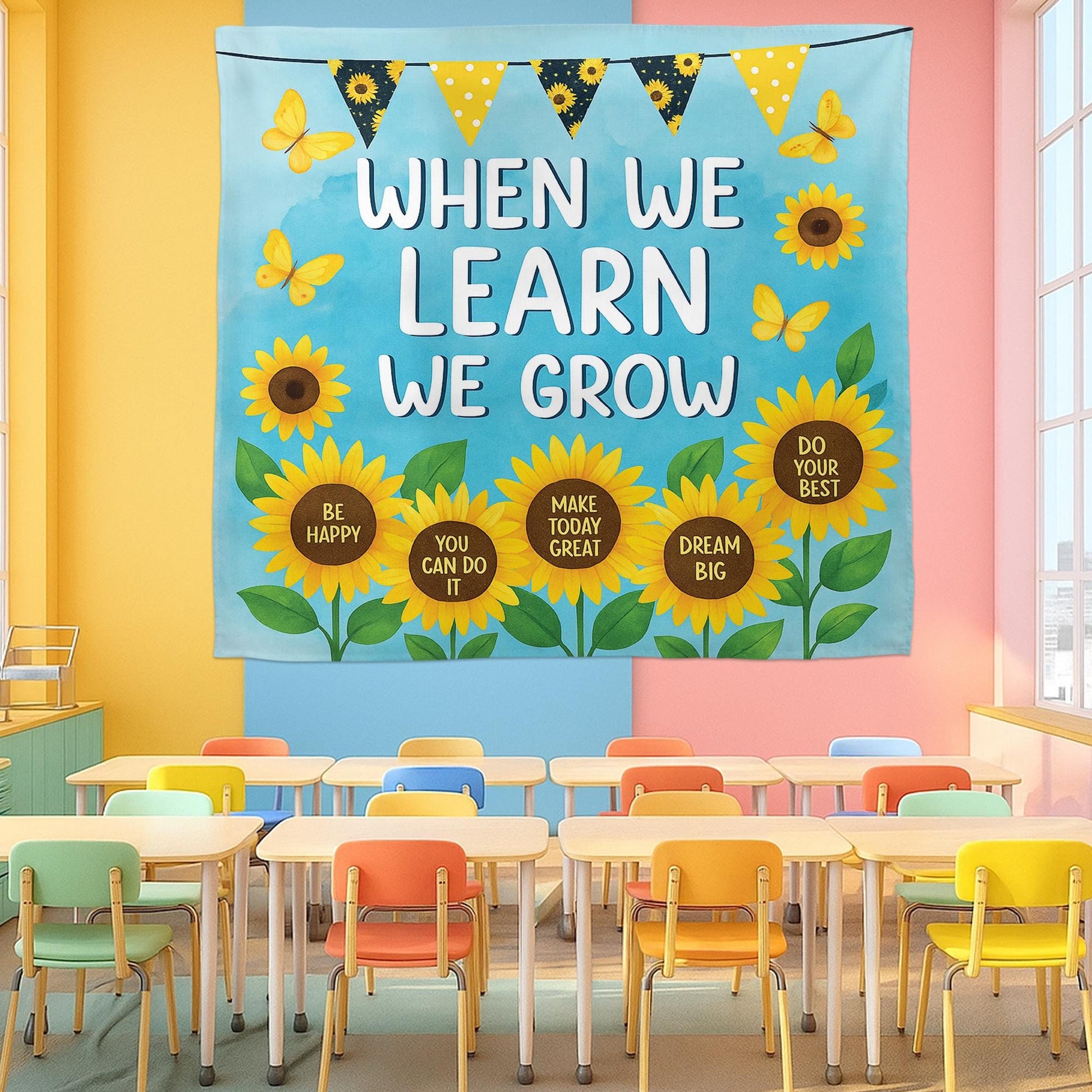Sunflower Classroom Wall Tapestry – When We Learn We Grow Banner with Positive Quotes – Motivational Teacher Decor for Back To School, Class