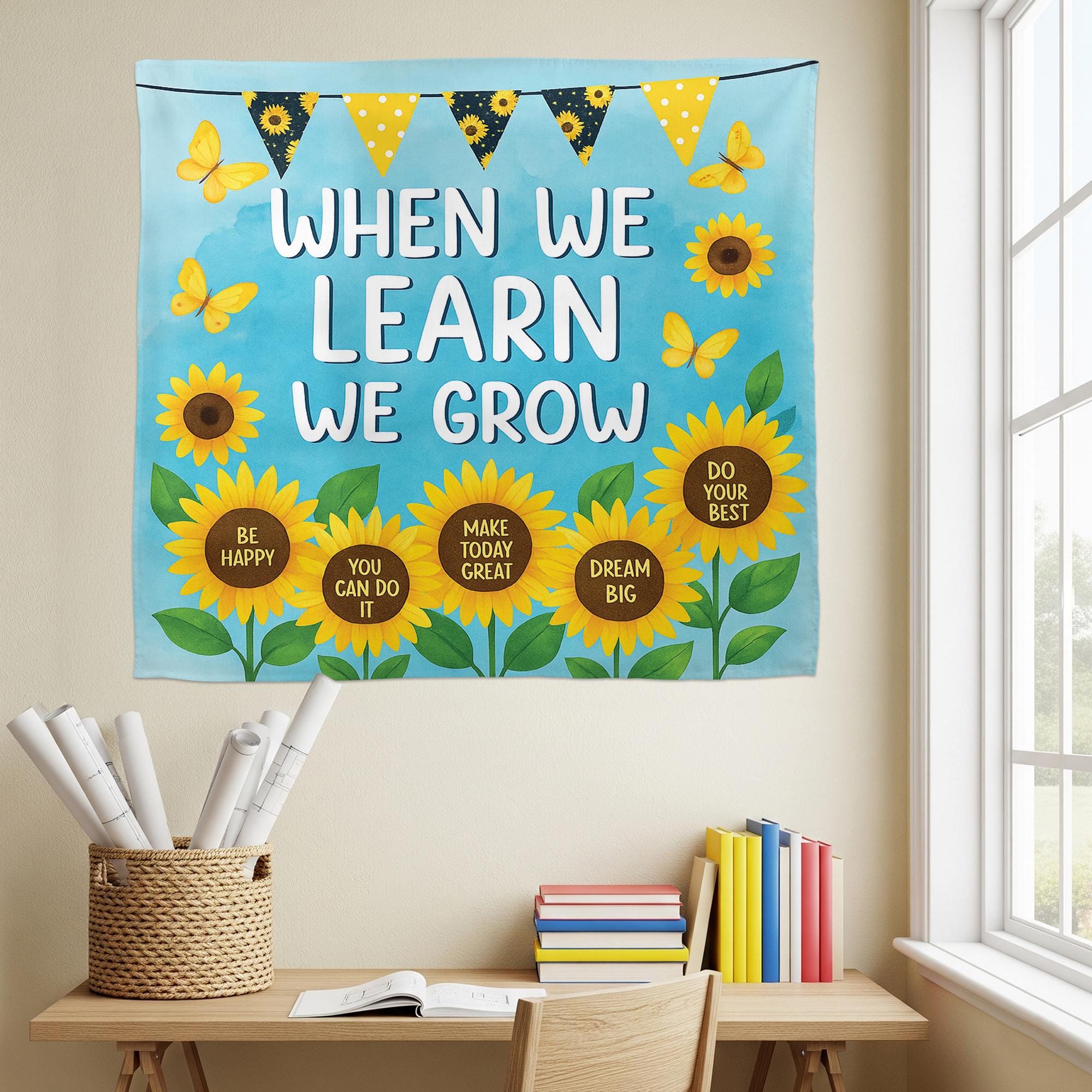Sunflower Classroom Wall Tapestry – When We Learn We Grow Banner with Positive Quotes – Motivational Teacher Decor for Back To School, Class