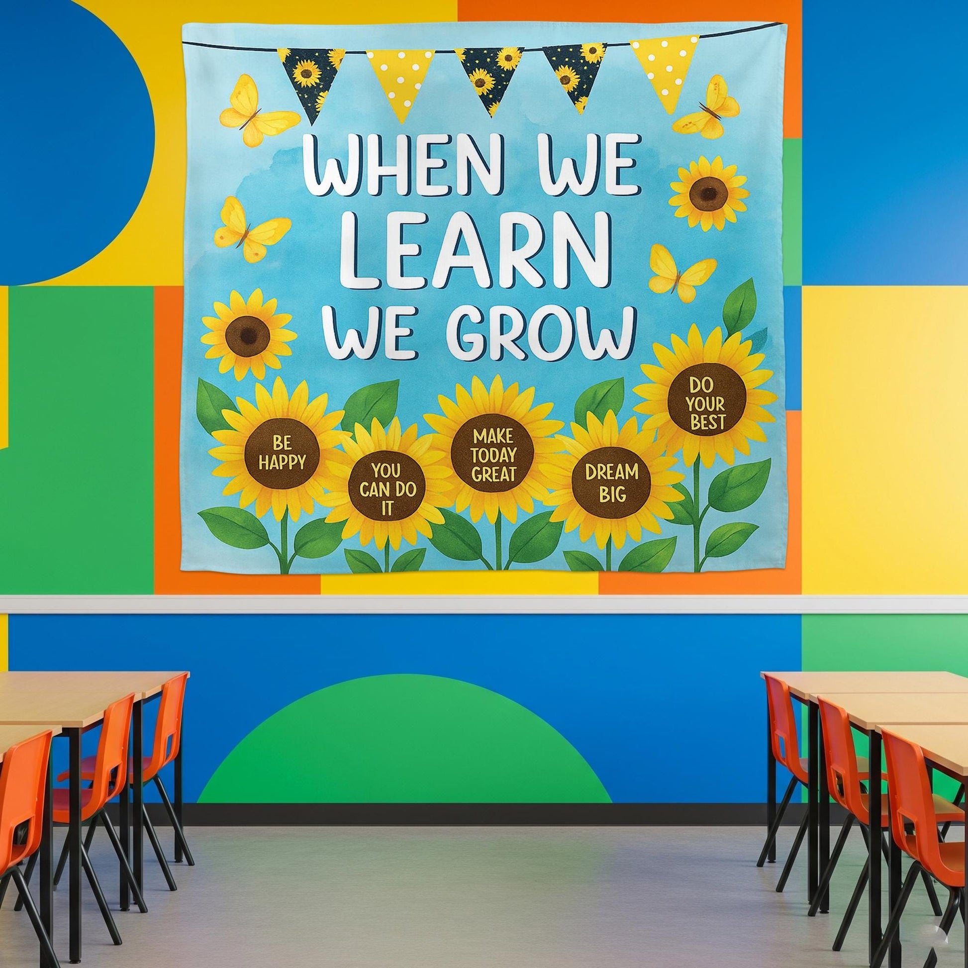 Sunflower Classroom Wall Tapestry – When We Learn We Grow Banner with Positive Quotes – Motivational Teacher Decor for Back To School, Class