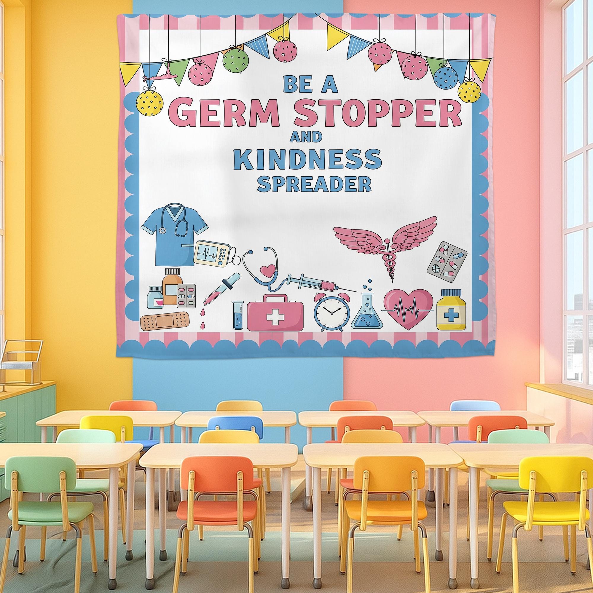 Be a Germ Stopper Kindness Spreader Wall Tapestry – Nurse Office or Classroom Decor – Medical Theme Banner, School Nurse Decor