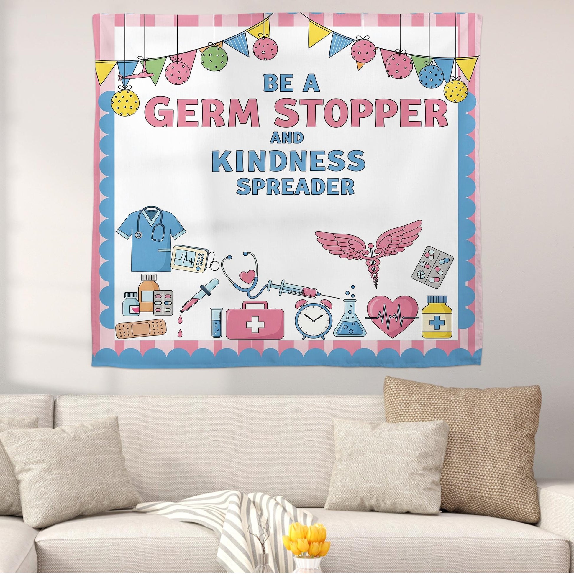 Be a Germ Stopper Kindness Spreader Wall Tapestry – Nurse Office or Classroom Decor – Medical Theme Banner, School Nurse Decor