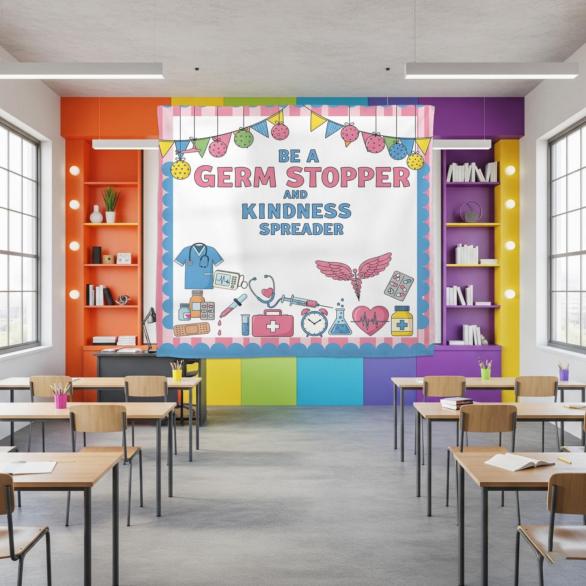 Be a Germ Stopper Kindness Spreader Wall Tapestry – Nurse Office or Classroom Decor – Medical Theme Banner, School Nurse Decor