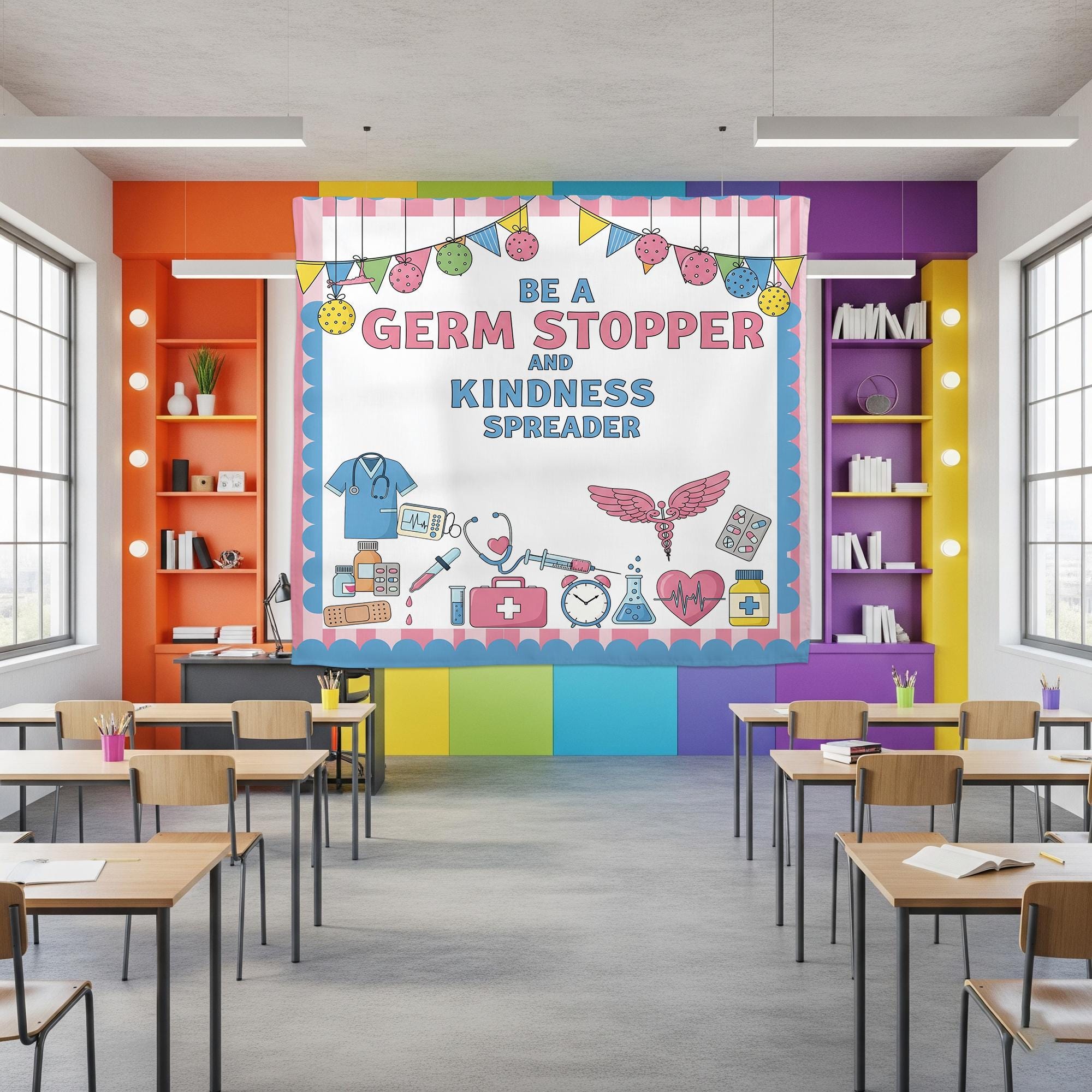 Be a Germ Stopper Kindness Spreader Wall Tapestry – Nurse Office or Classroom Decor – Medical Theme Banner, School Nurse Decor