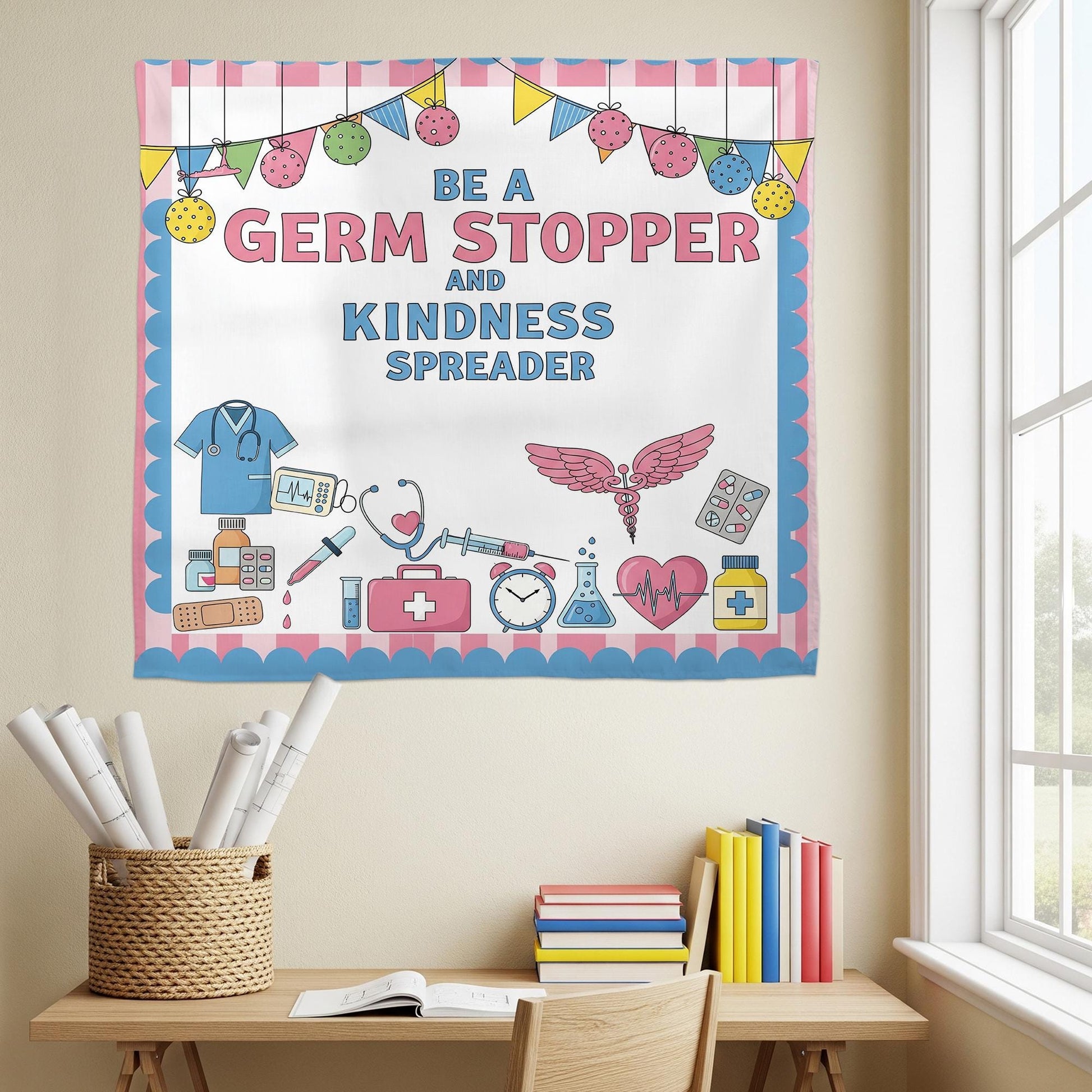 Be a Germ Stopper Kindness Spreader Wall Tapestry – Nurse Office or Classroom Decor – Medical Theme Banner, School Nurse Decor