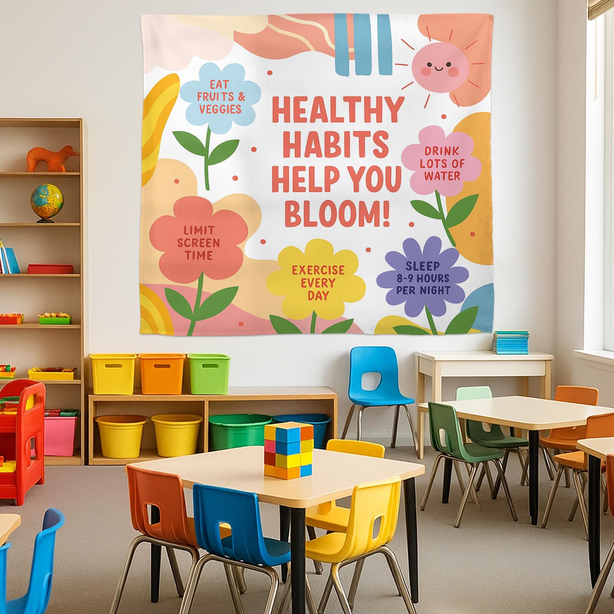 Healthy Habits Help You Bloom Wall Tapestry – Colorful Classroom Decor with Wellness Tips for Kids – Motivational School Banner, Class Decor