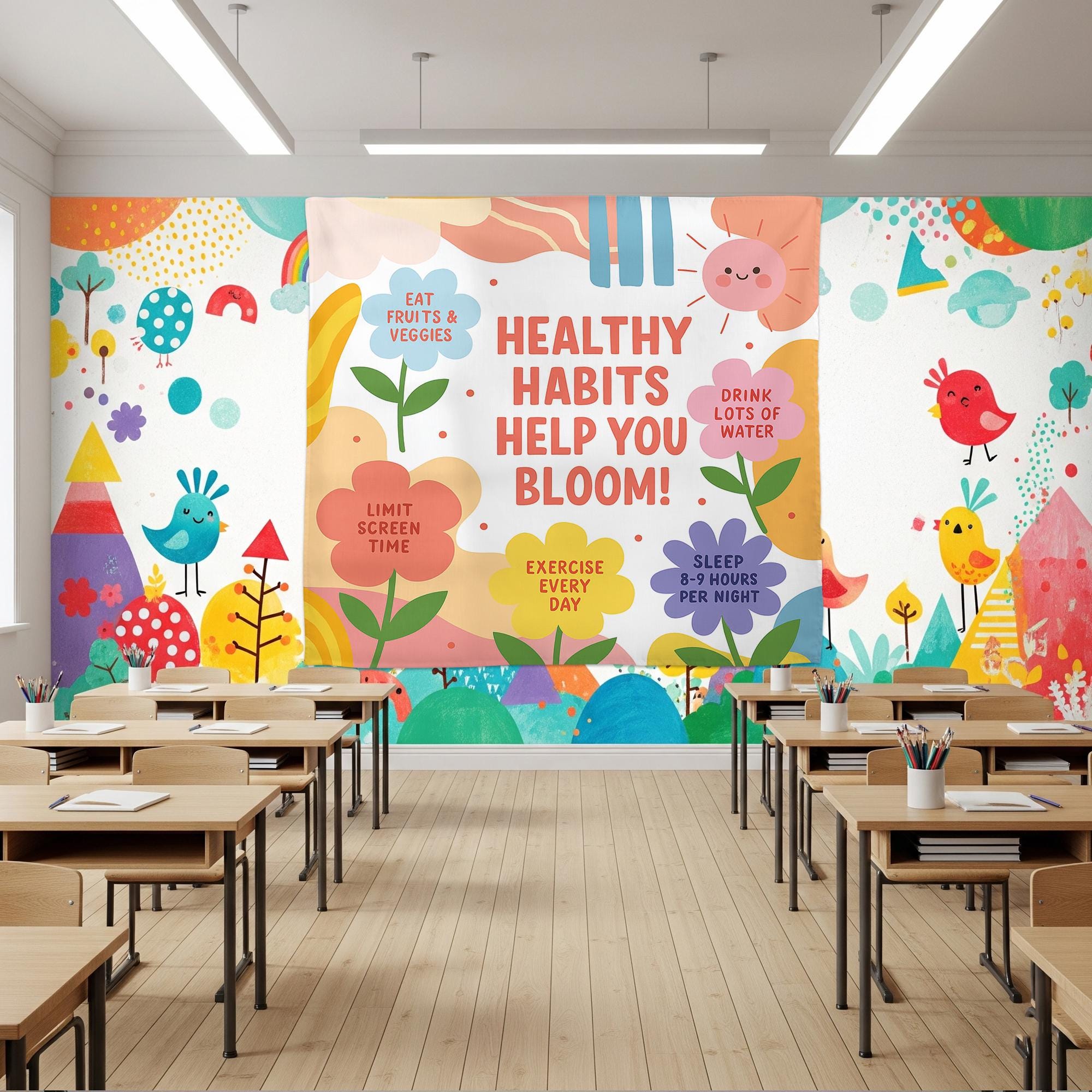 Healthy Habits Help You Bloom Wall Tapestry – Colorful Classroom Decor with Wellness Tips for Kids – Motivational School Banner, Class Decor