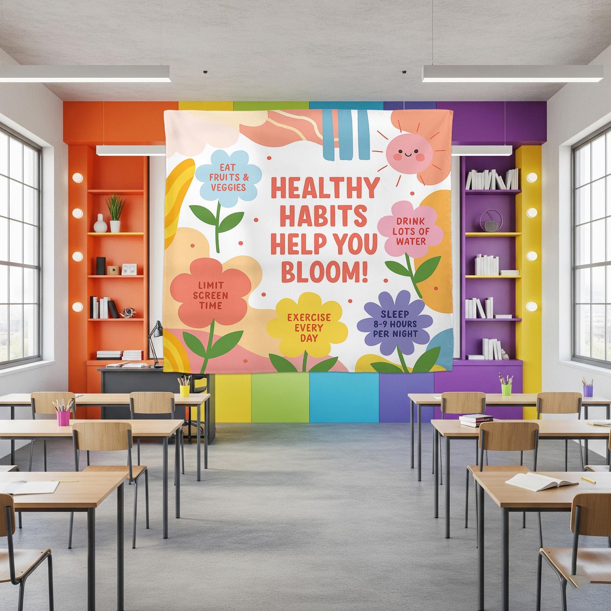 Healthy Habits Help You Bloom Wall Tapestry – Colorful Classroom Decor with Wellness Tips for Kids – Motivational School Banner, Class Decor
