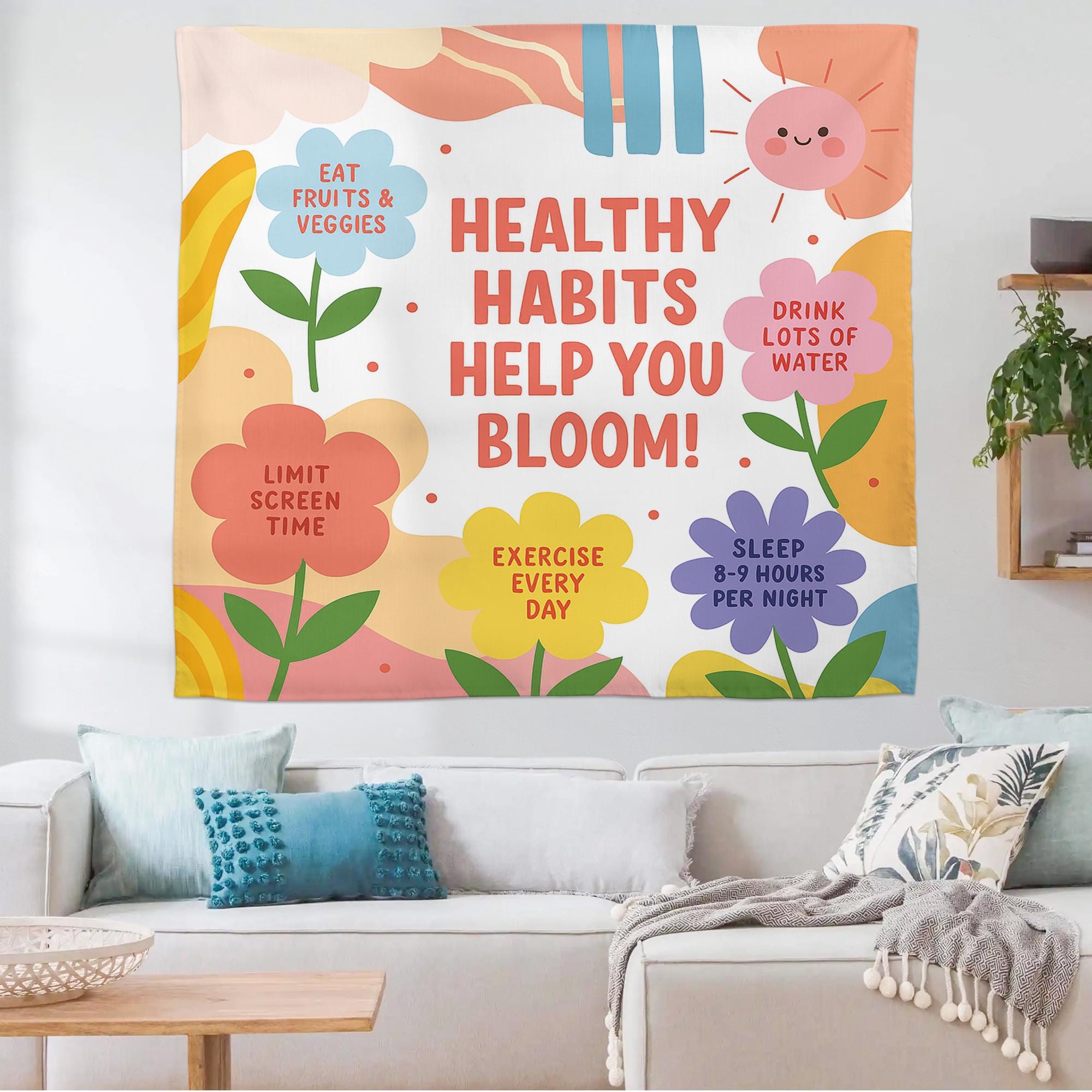 Healthy Habits Help You Bloom Wall Tapestry – Colorful Classroom Decor with Wellness Tips for Kids – Motivational School Banner, Class Decor