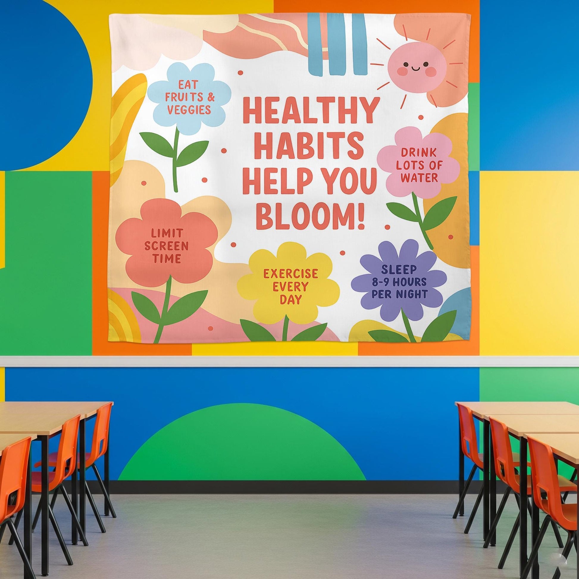 Healthy Habits Help You Bloom Wall Tapestry – Colorful Classroom Decor with Wellness Tips for Kids – Motivational School Banner, Class Decor