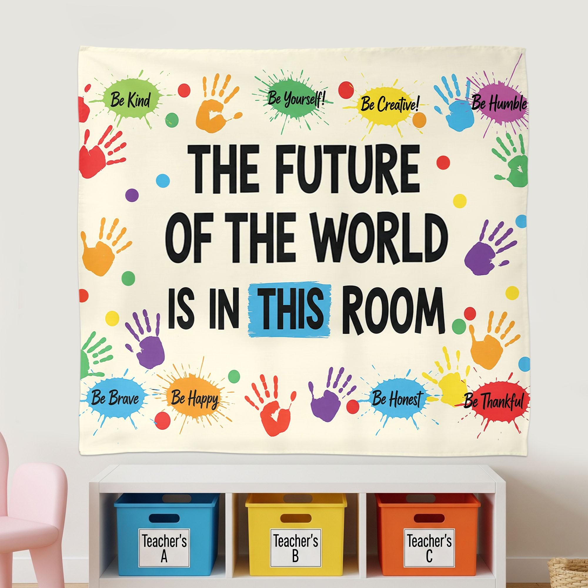 Inspirational Classroom Tapestry, Future of the World Quote Banner, Motivational Teacher Wall Decor, School Handprint Poster