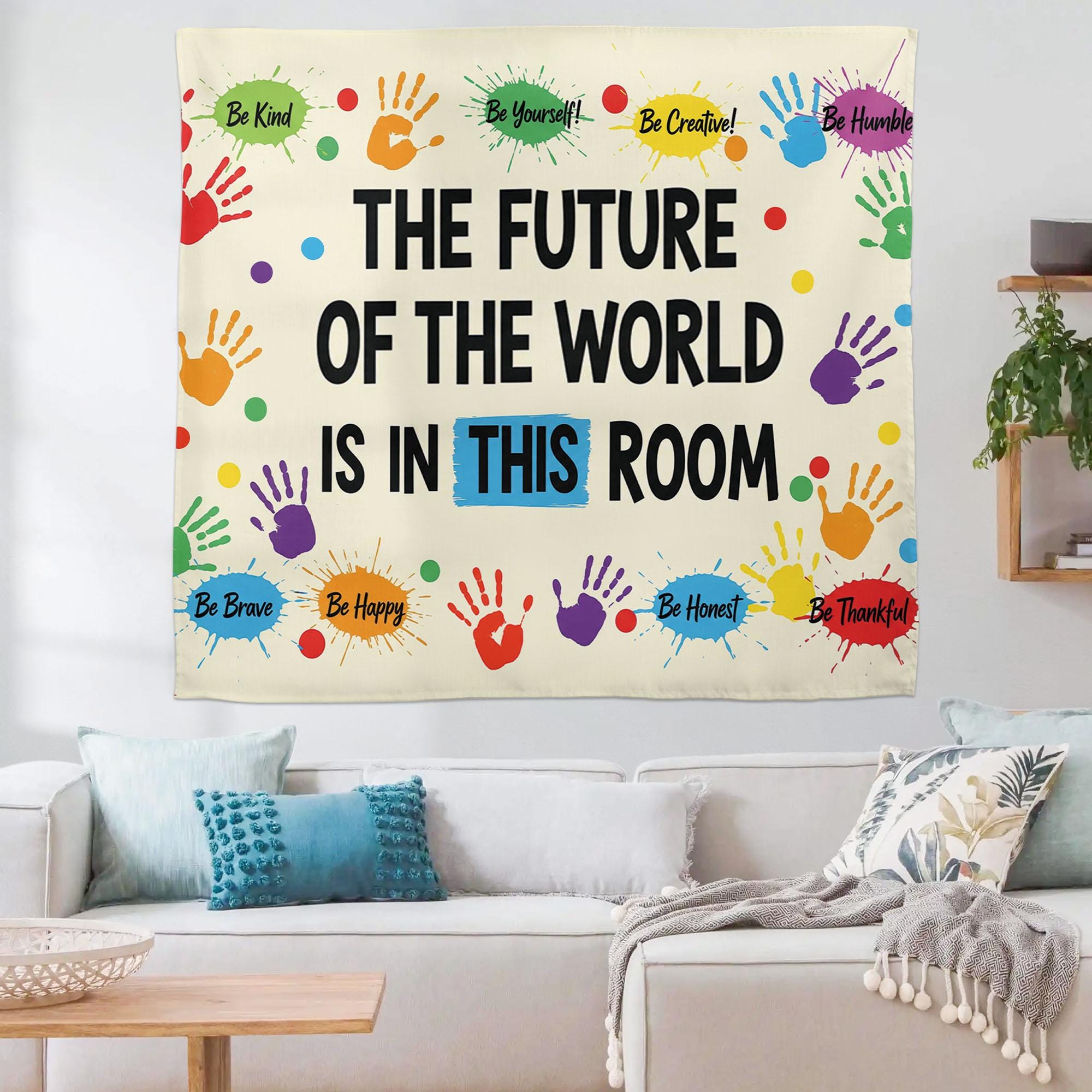 Inspirational Classroom Tapestry, Future of the World Quote Banner, Motivational Teacher Wall Decor, School Handprint Poster