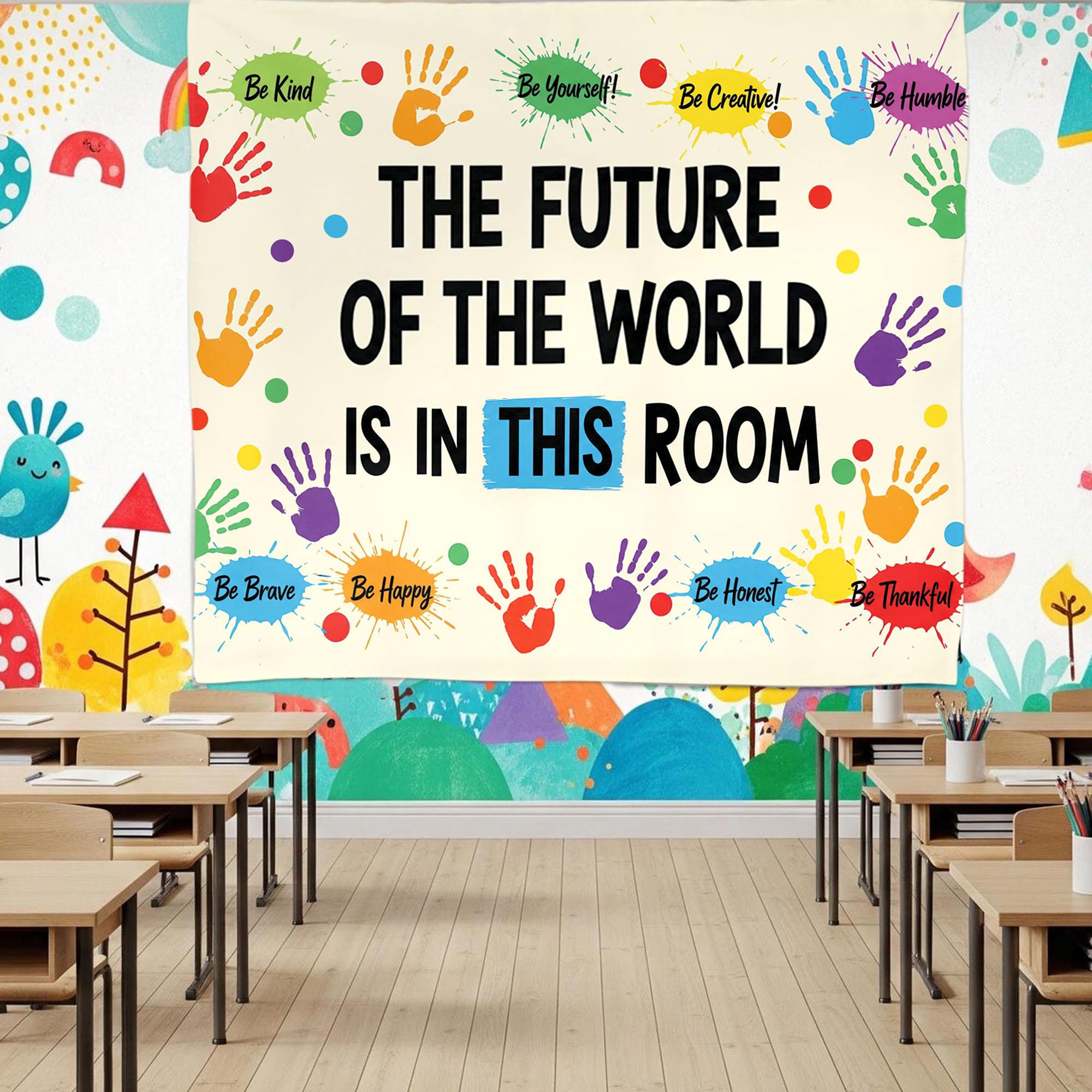 Inspirational Classroom Tapestry, Future of the World Quote Banner, Motivational Teacher Wall Decor, School Handprint Poster