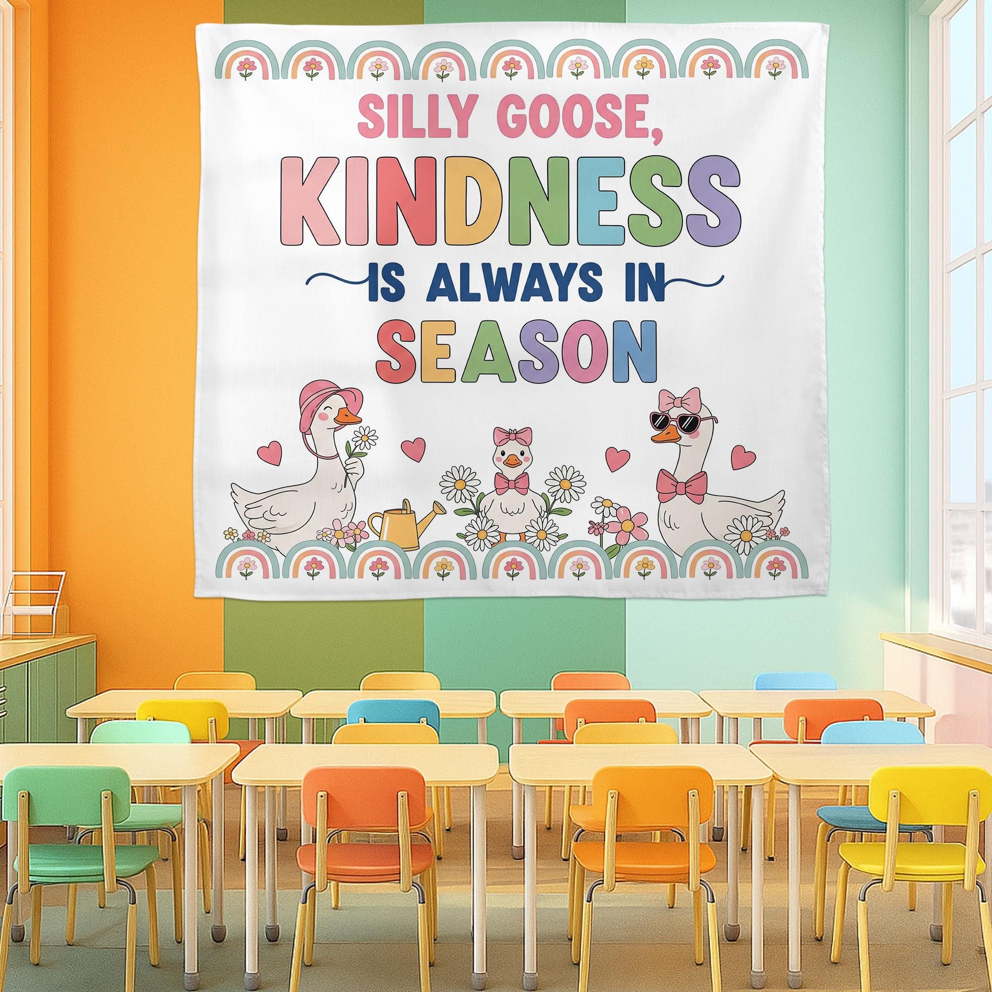 Silly Goose Kindness Wall Tapestry – Cute Classroom Decor with Goose & Rainbows – Positive Message Banner for Kids and Teachers, Educators