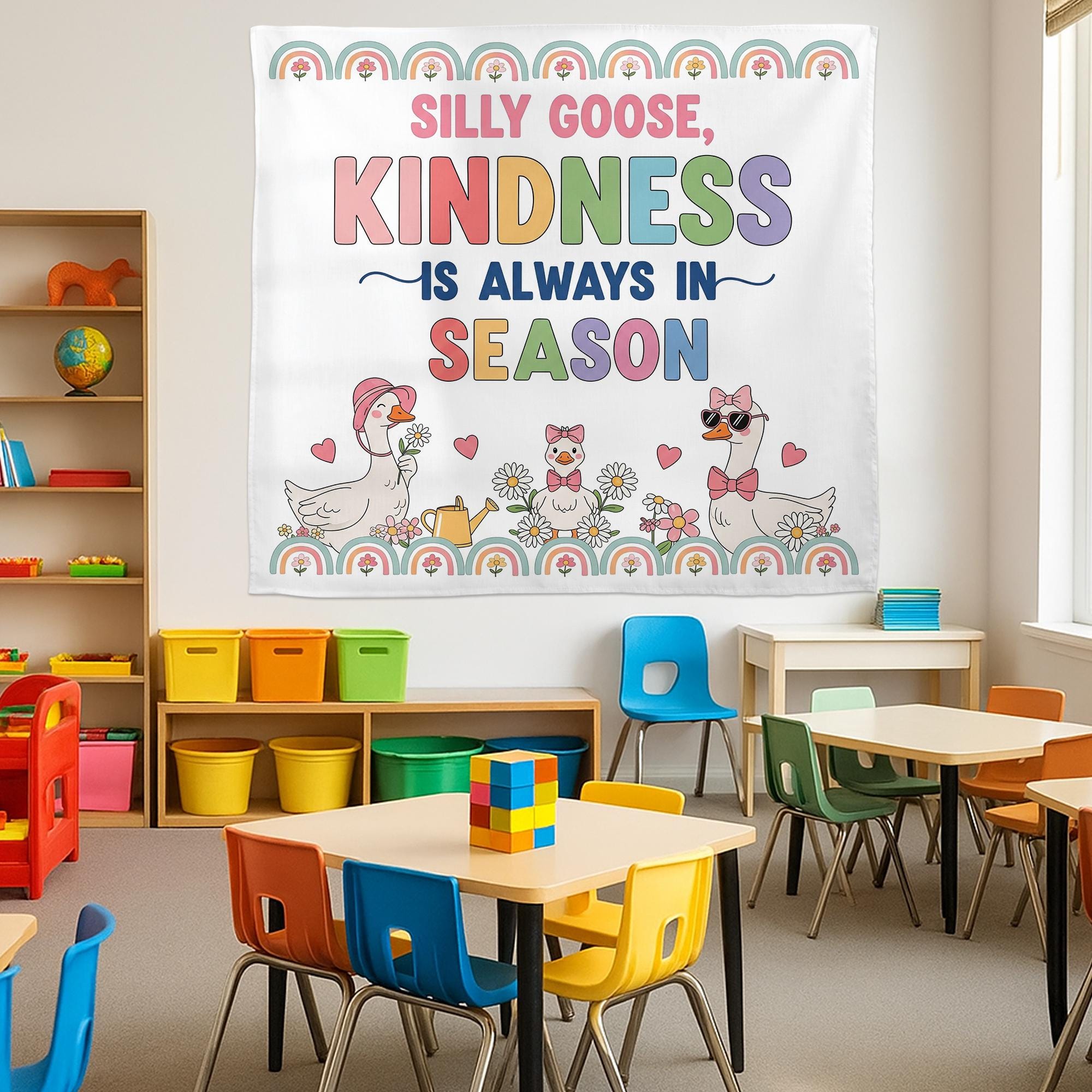 Silly Goose Kindness Wall Tapestry – Cute Classroom Decor with Goose & Rainbows – Positive Message Banner for Kids and Teachers, Educators
