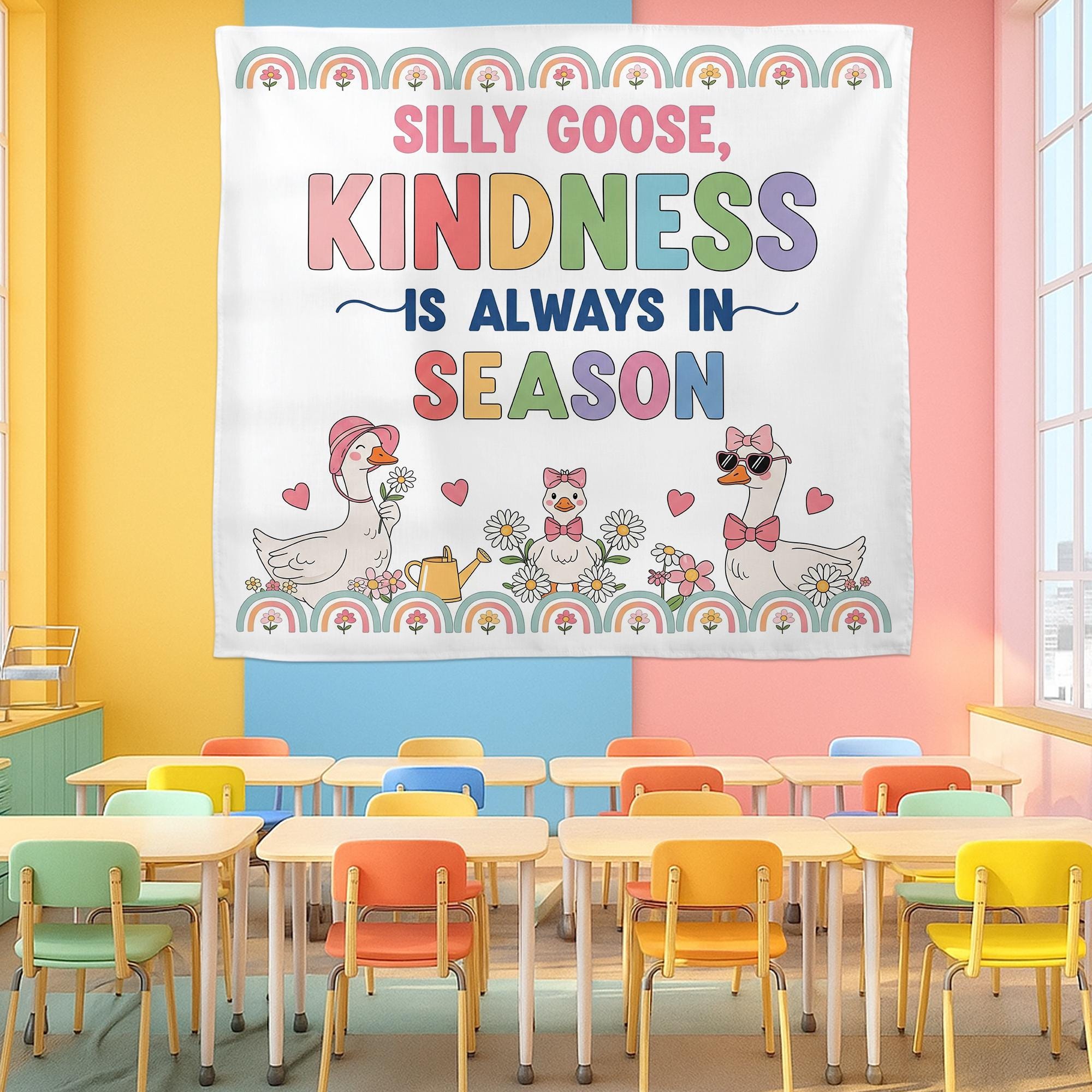 Silly Goose Kindness Wall Tapestry – Cute Classroom Decor with Goose & Rainbows – Positive Message Banner for Kids and Teachers, Educators