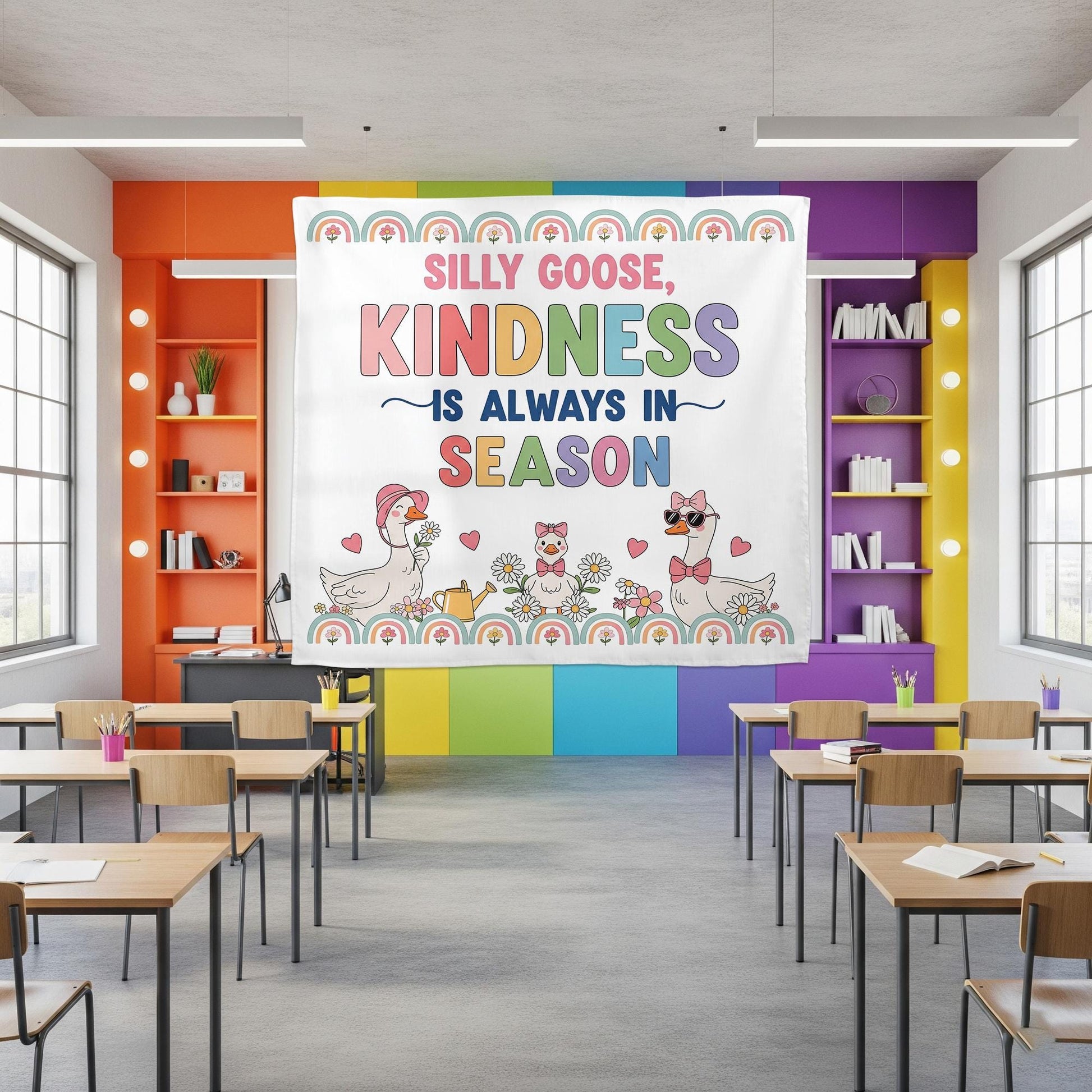 Silly Goose Kindness Wall Tapestry – Cute Classroom Decor with Goose & Rainbows – Positive Message Banner for Kids and Teachers, Educators