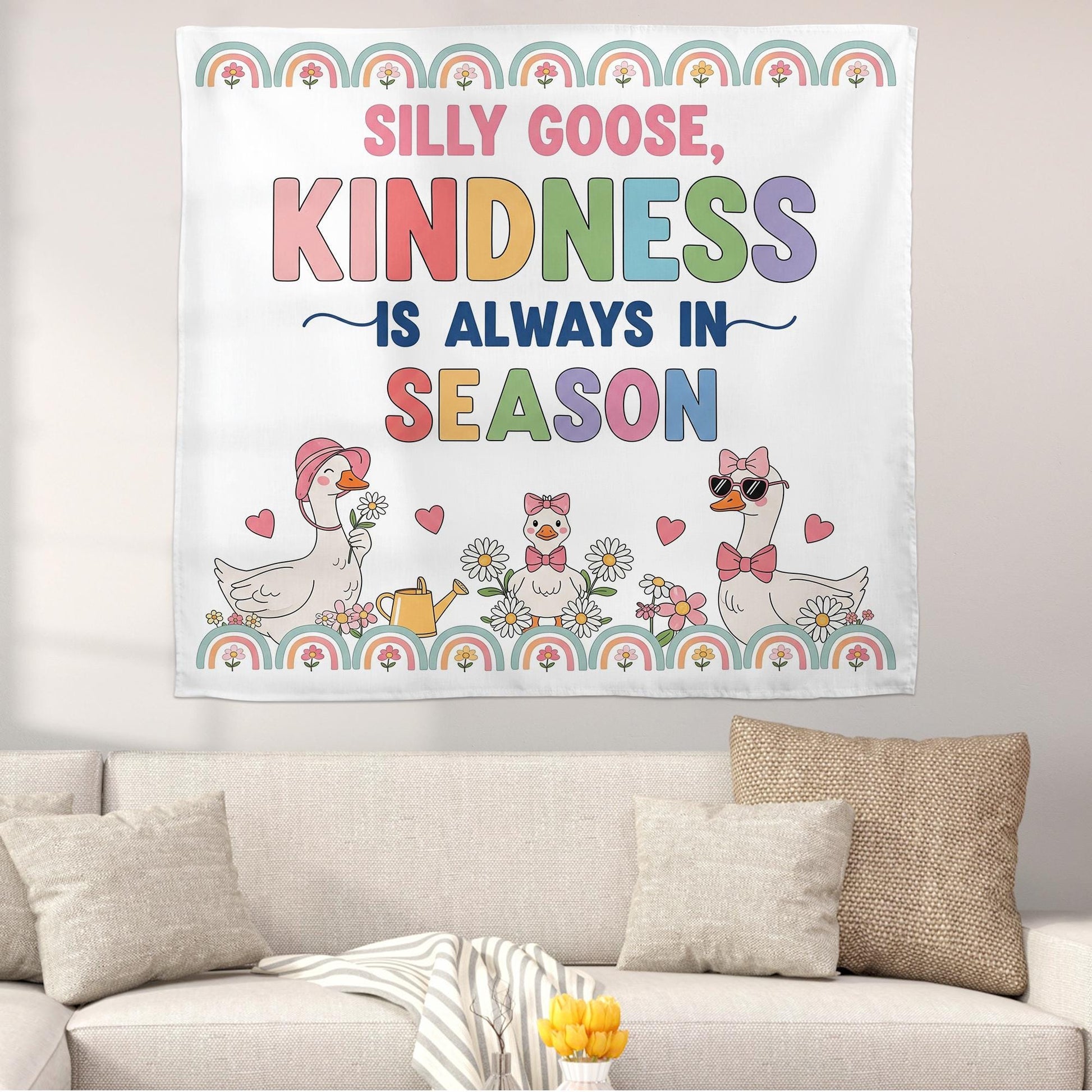Silly Goose Kindness Wall Tapestry – Cute Classroom Decor with Goose & Rainbows – Positive Message Banner for Kids and Teachers, Educators