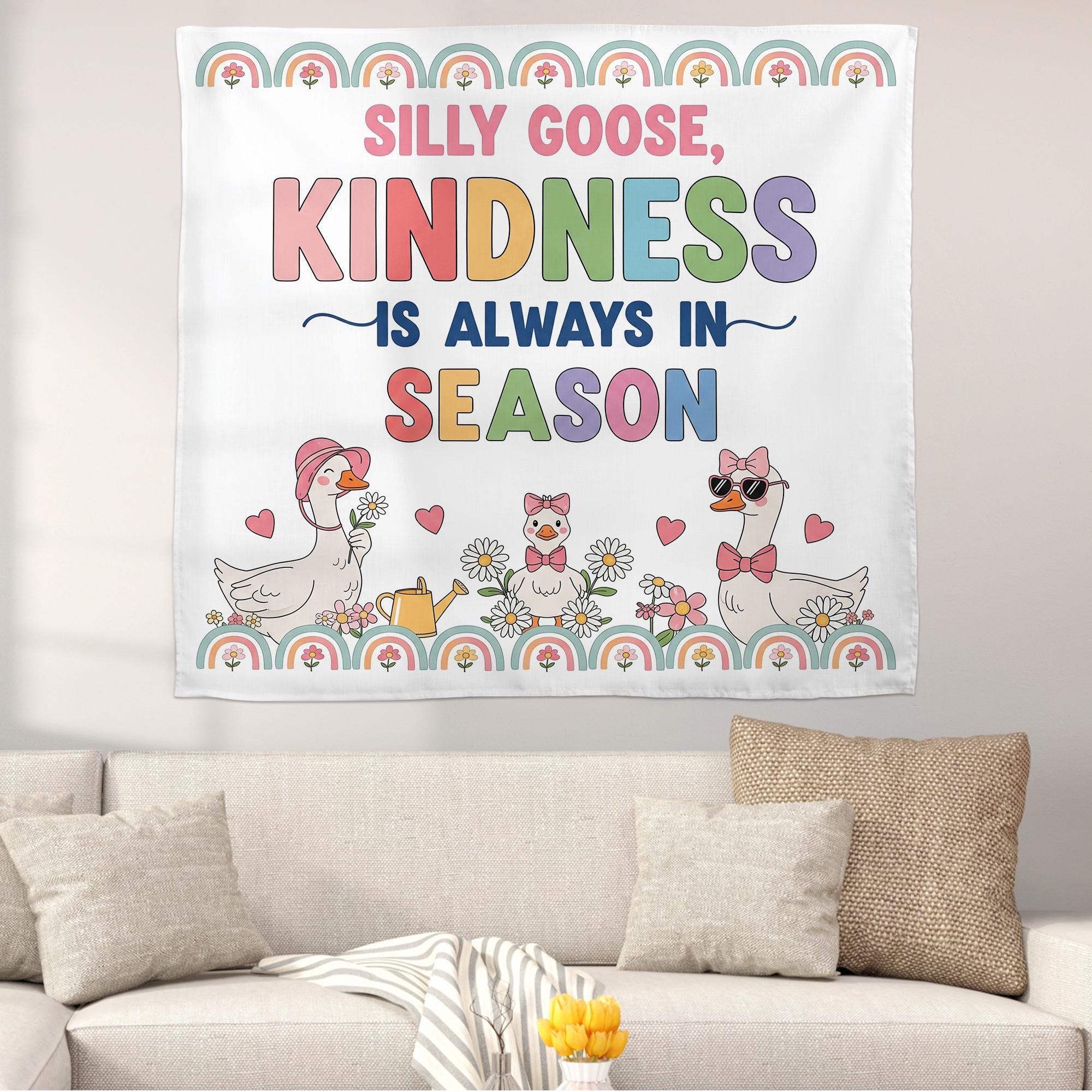 Silly Goose Kindness Wall Tapestry – Cute Classroom Decor with Goose & Rainbows – Positive Message Banner for Kids and Teachers, Educators